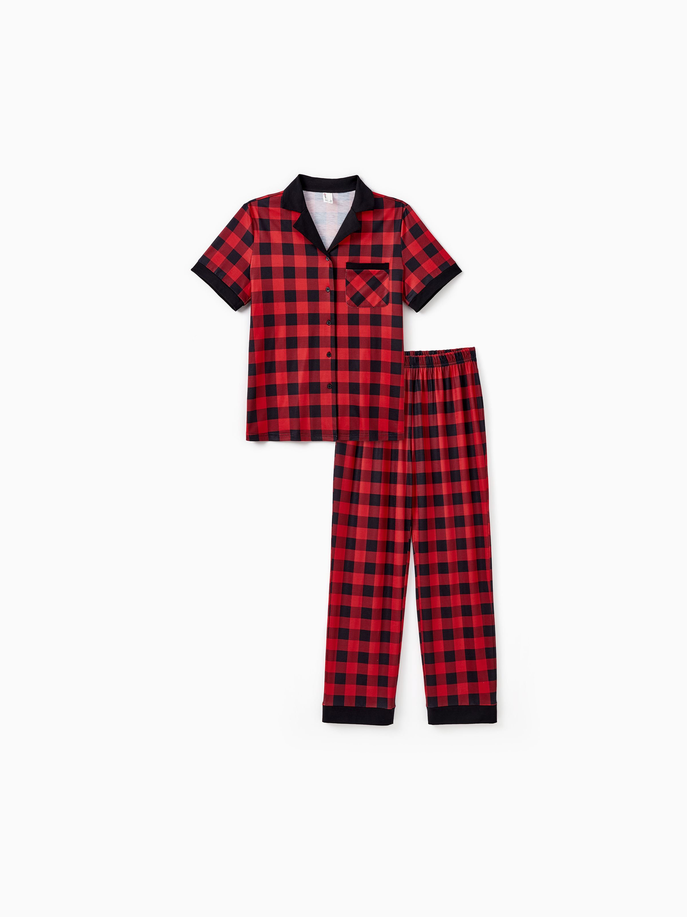 

Christmas Pajamas Short Sleeves Red & Black Plaid Collared Pajamas Sets