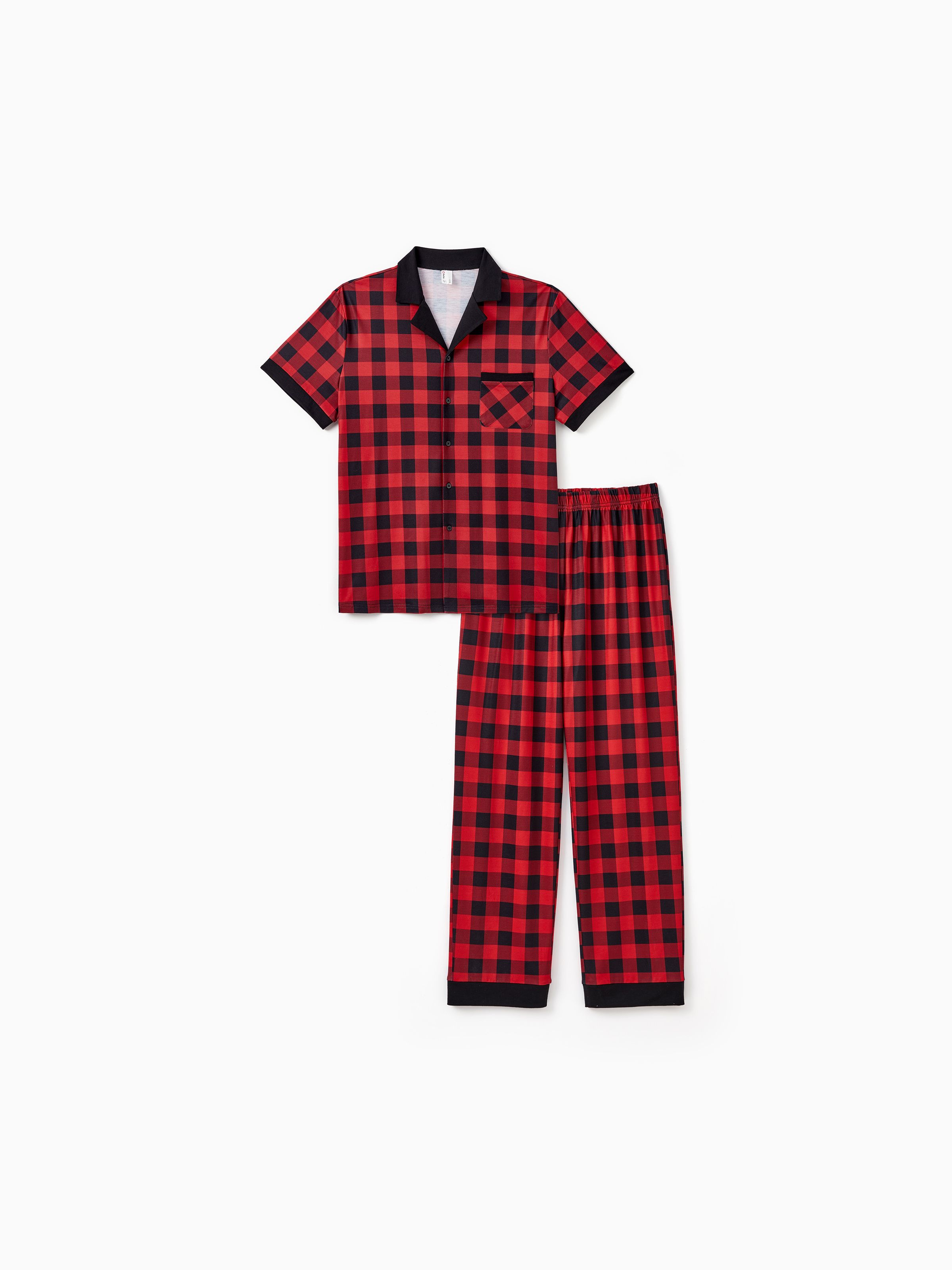 

Christmas Pajamas Short Sleeves Red & Black Plaid Collared Pajamas Sets