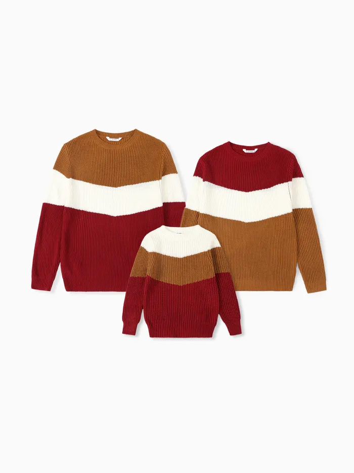 Family Matching Long Sleeves Three-Color Block Knitwear Sweater