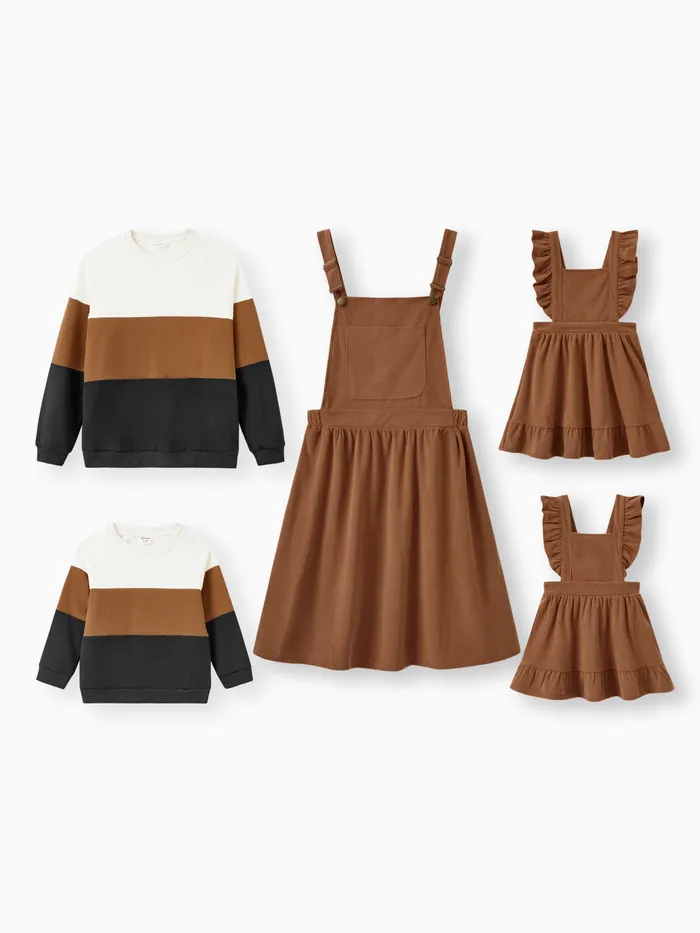 Family Matching Brown Corduroy Color block Sweatshirt or Adjustable Pinafore Dress 