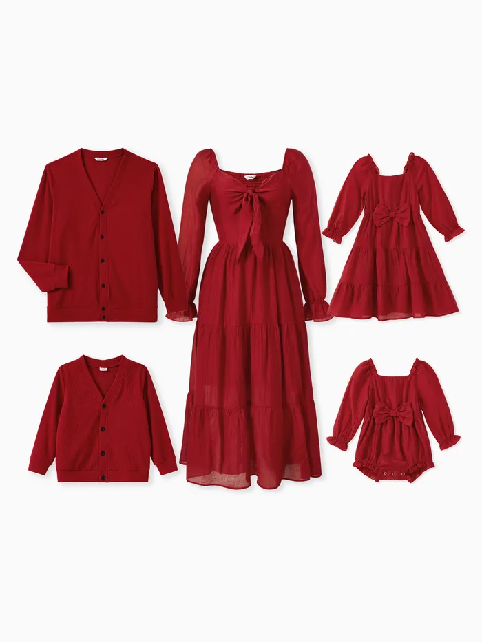 Family Matching Sets Red Ribbed Cardigan or Long Sleeves Bow Detail Shirred Back Tiered Dress