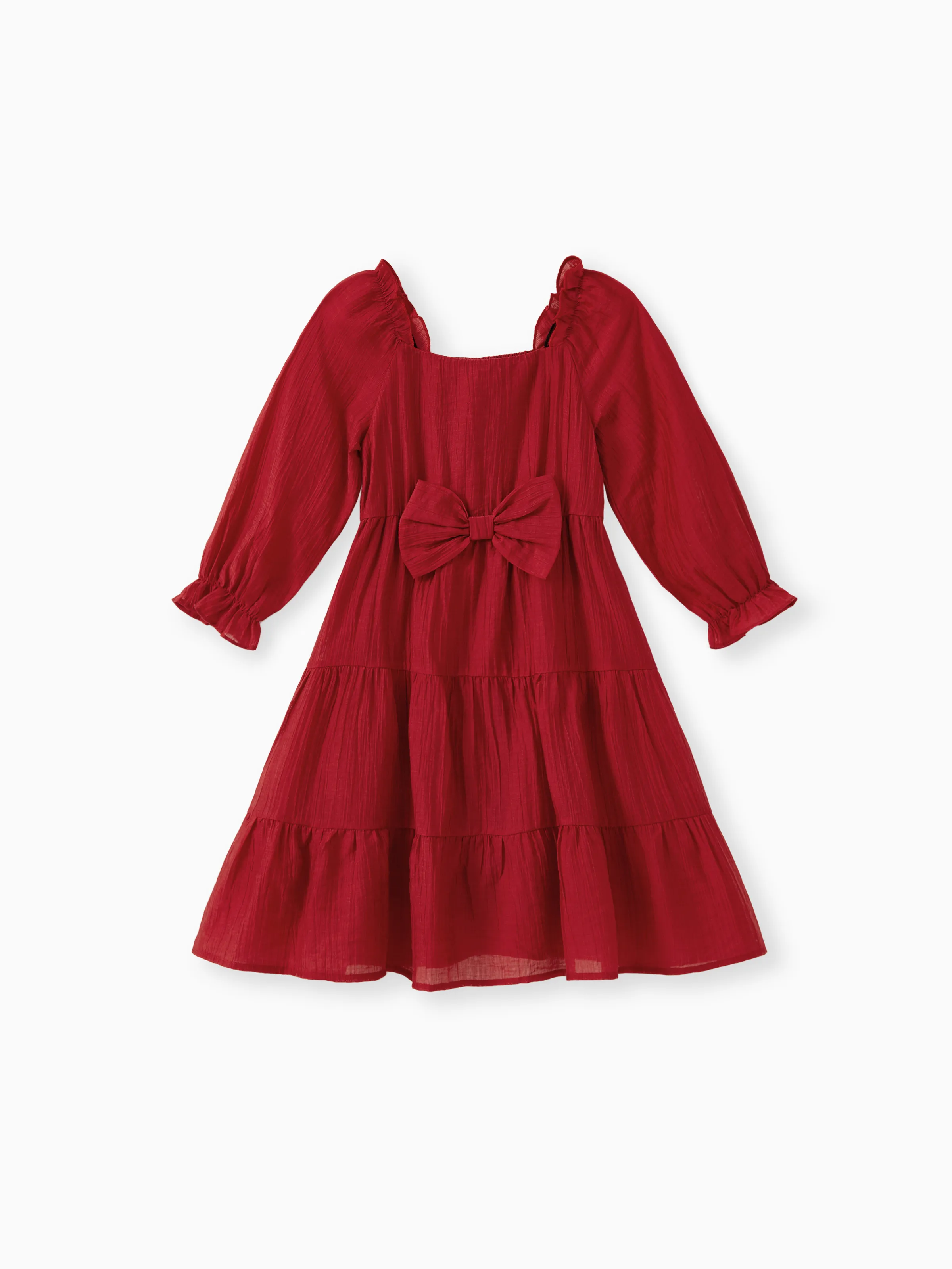 

Family Matching Sets Red Ribbed Cardigan or Long Sleeves Bow Detail Shirred Back Tiered Dress