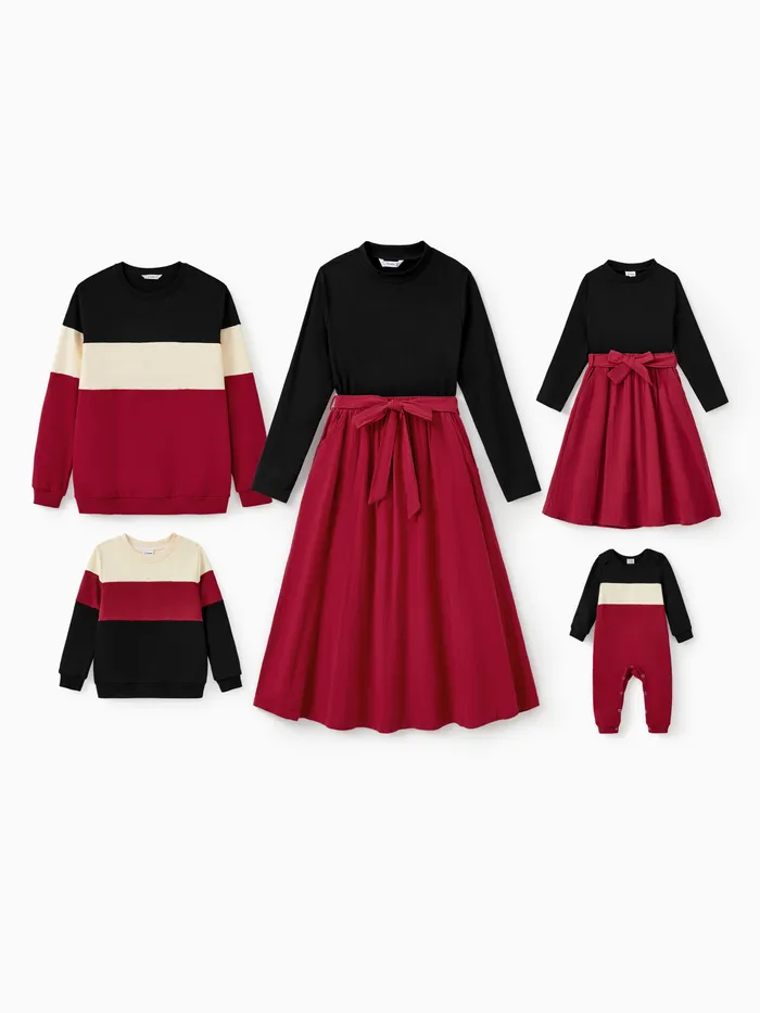 Family Matching Sets Three-Color Block Sweatshirt or Black Long Sleeves Top Red Pleated Belted Skirt Co-ord Set