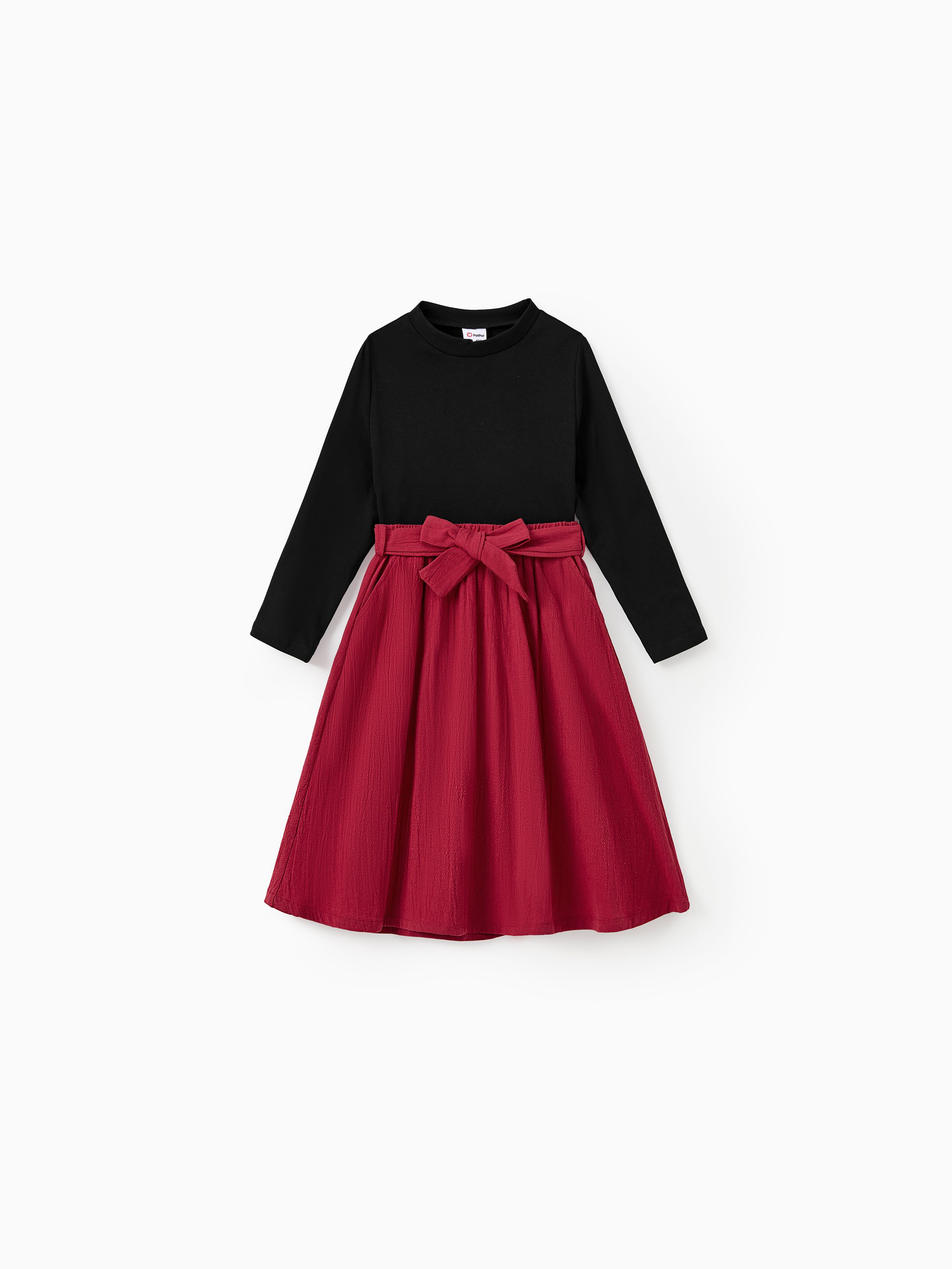 

Family Matching Sets Three-Color Block Sweatshirt or Black Long Sleeves Top Red Pleated Belted Skirt Co-ord Set