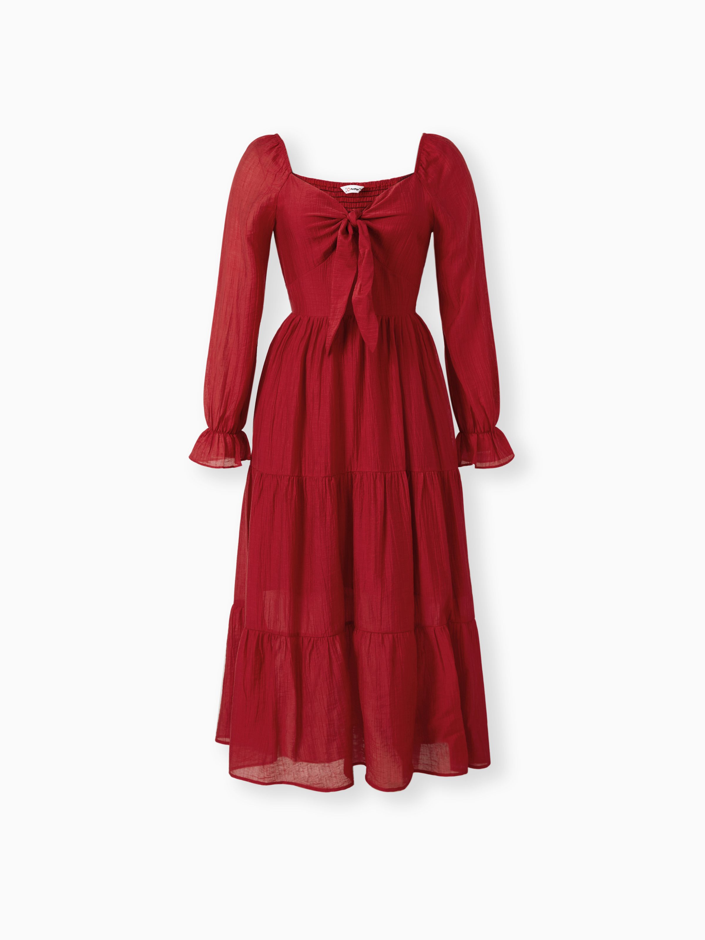 

Family Matching Sets Red Ribbed Cardigan or Long Sleeves Bow Detail Shirred Back Tiered Dress