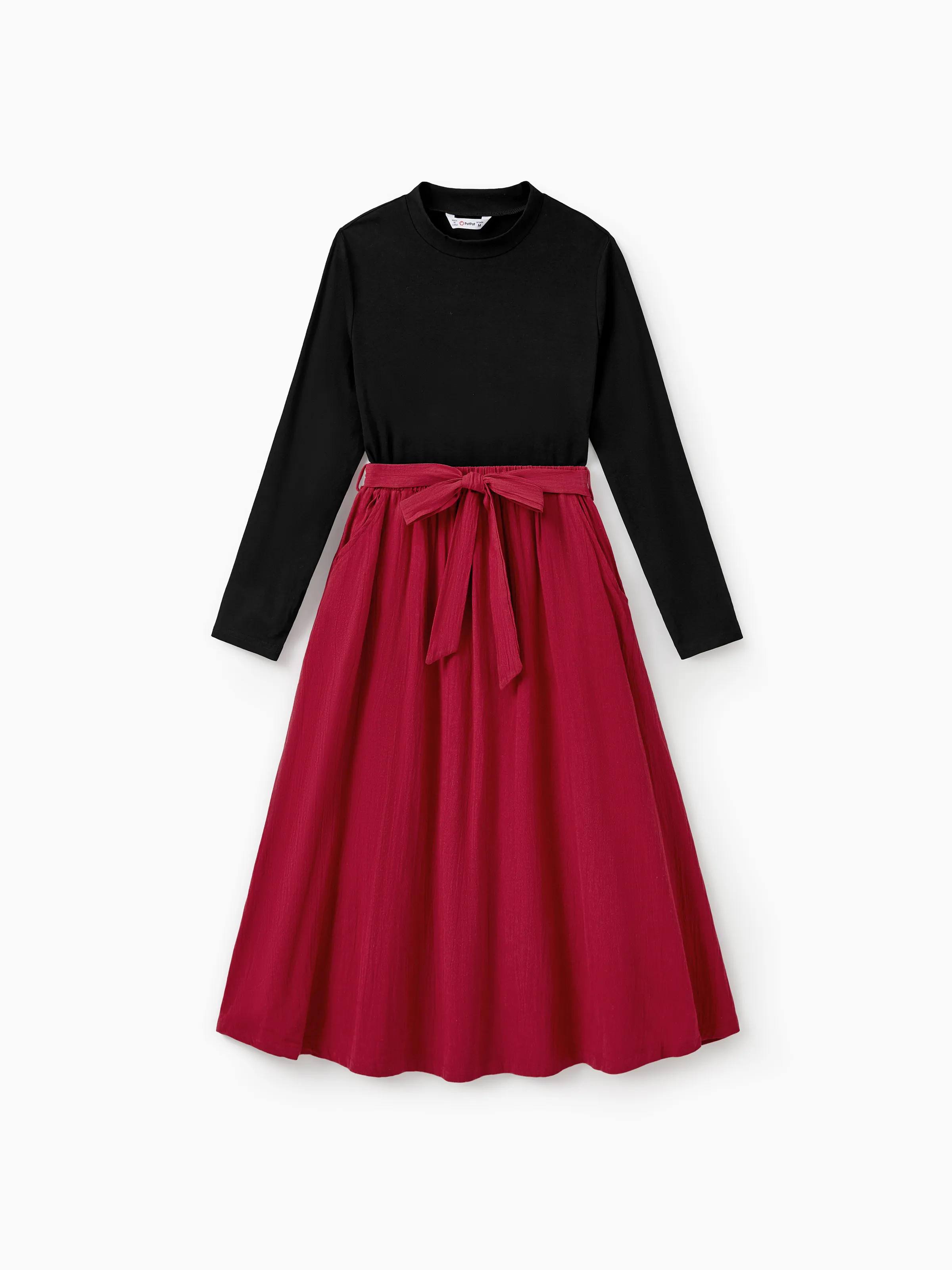 

Family Matching Sets Three-Color Block Sweatshirt or Black Long Sleeves Top Red Pleated Belted Skirt Co-ord Set