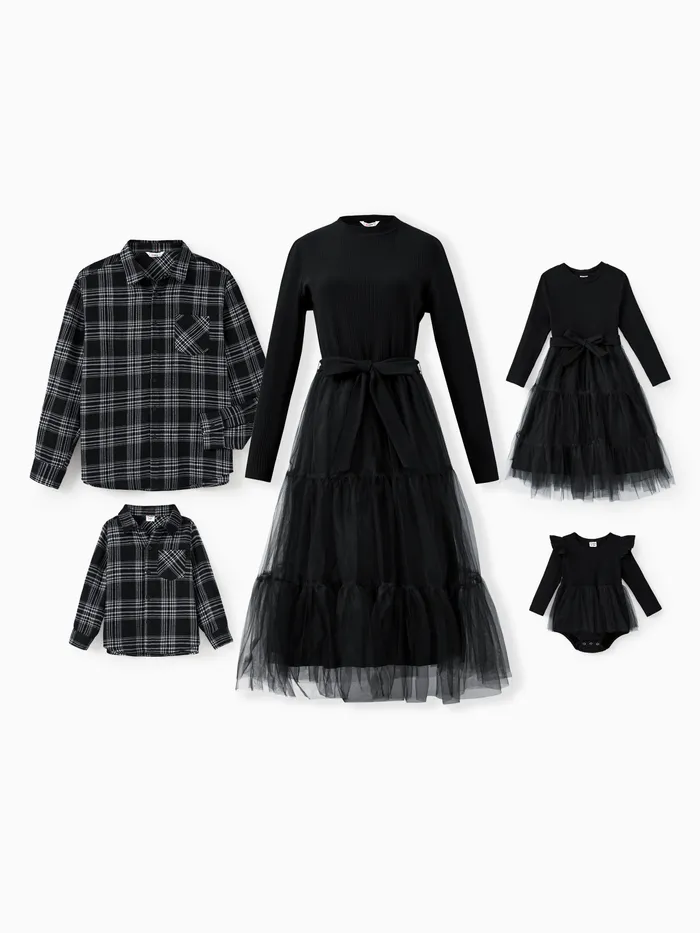 Family Matching Sets Black Plaid Shirt or Elegant Ribbed Top Flowy Tulle Mesh Dress