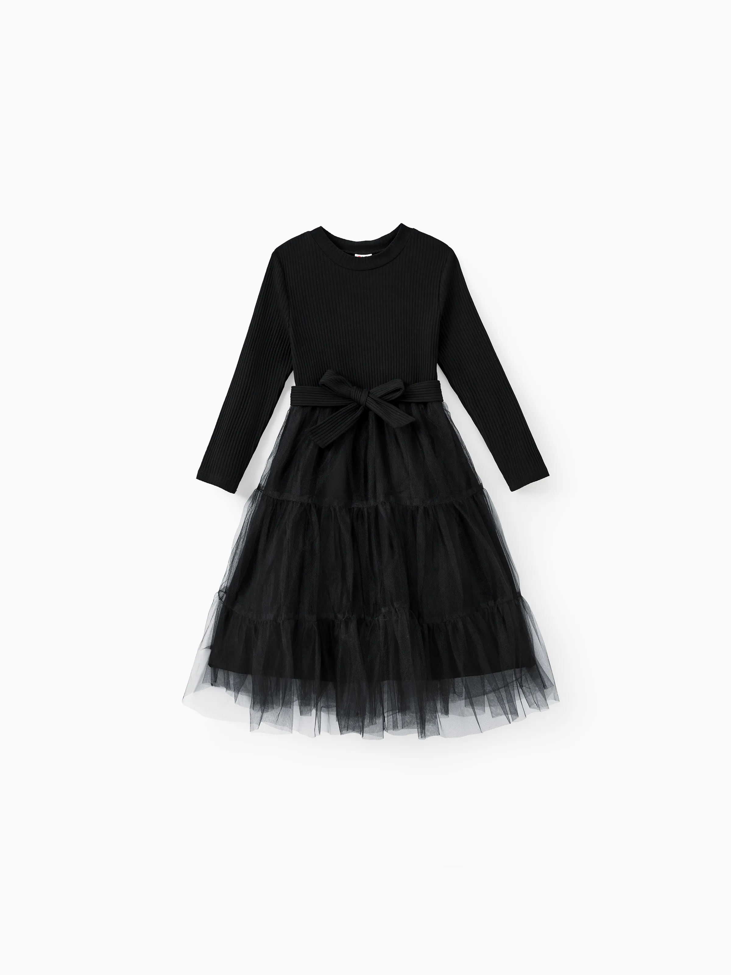 

Family Matching Sets Black Plaid Shirt or Elegant Ribbed Top Flowy Tulle Mesh Dress