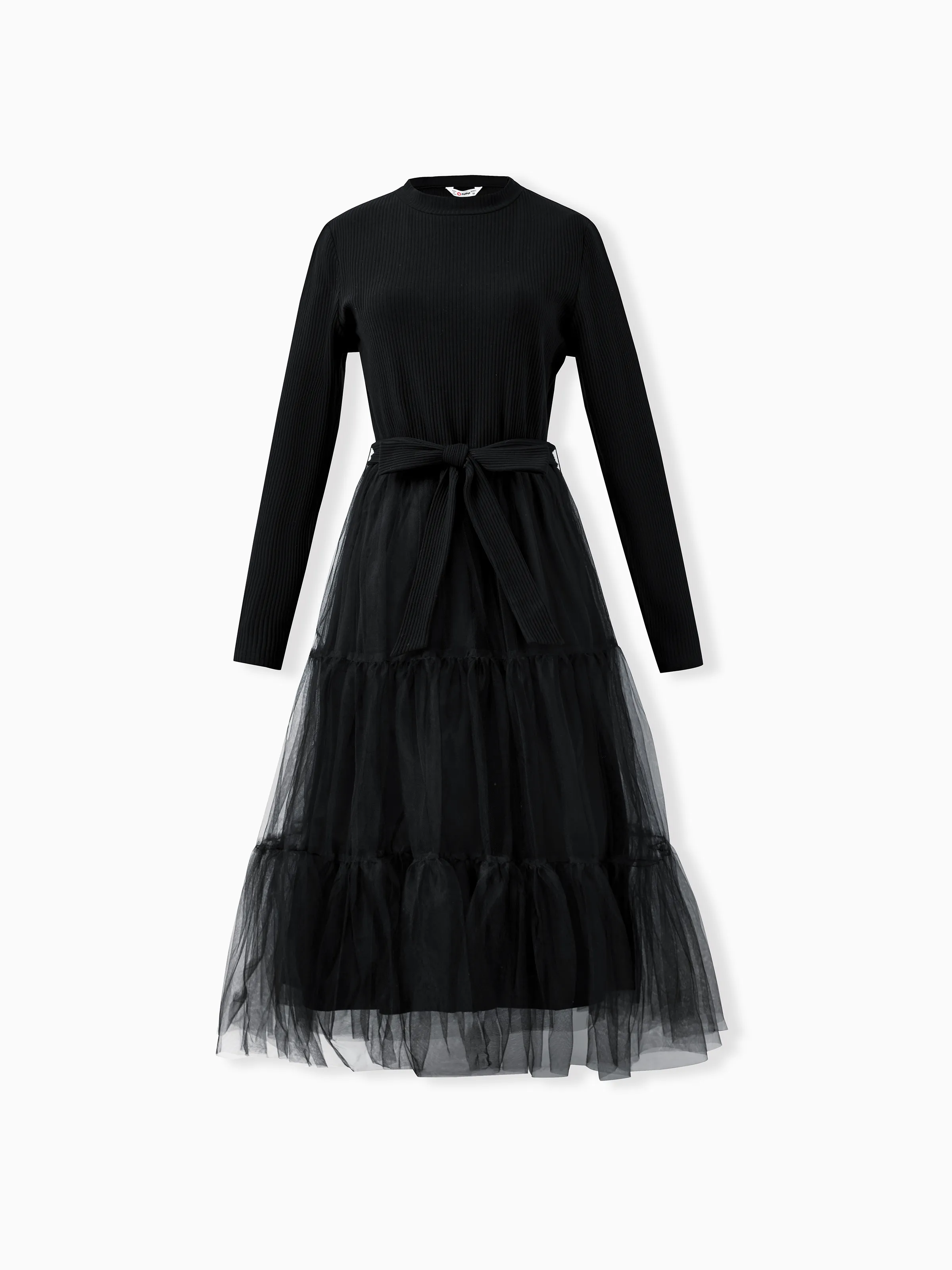 

Family Matching Sets Black Plaid Shirt or Elegant Ribbed Top Flowy Tulle Mesh Dress