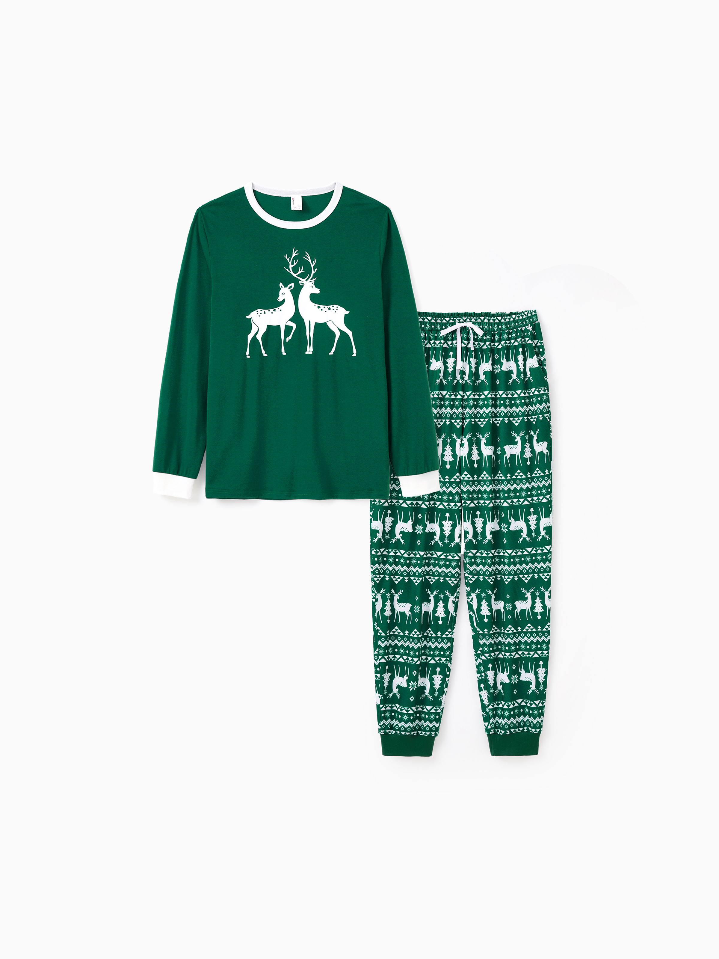 

Christmas Family Matching Glow in the Dark Reindeer Tops Allover Pattern Pants Pajamas Sets with Pockets and Drawstring