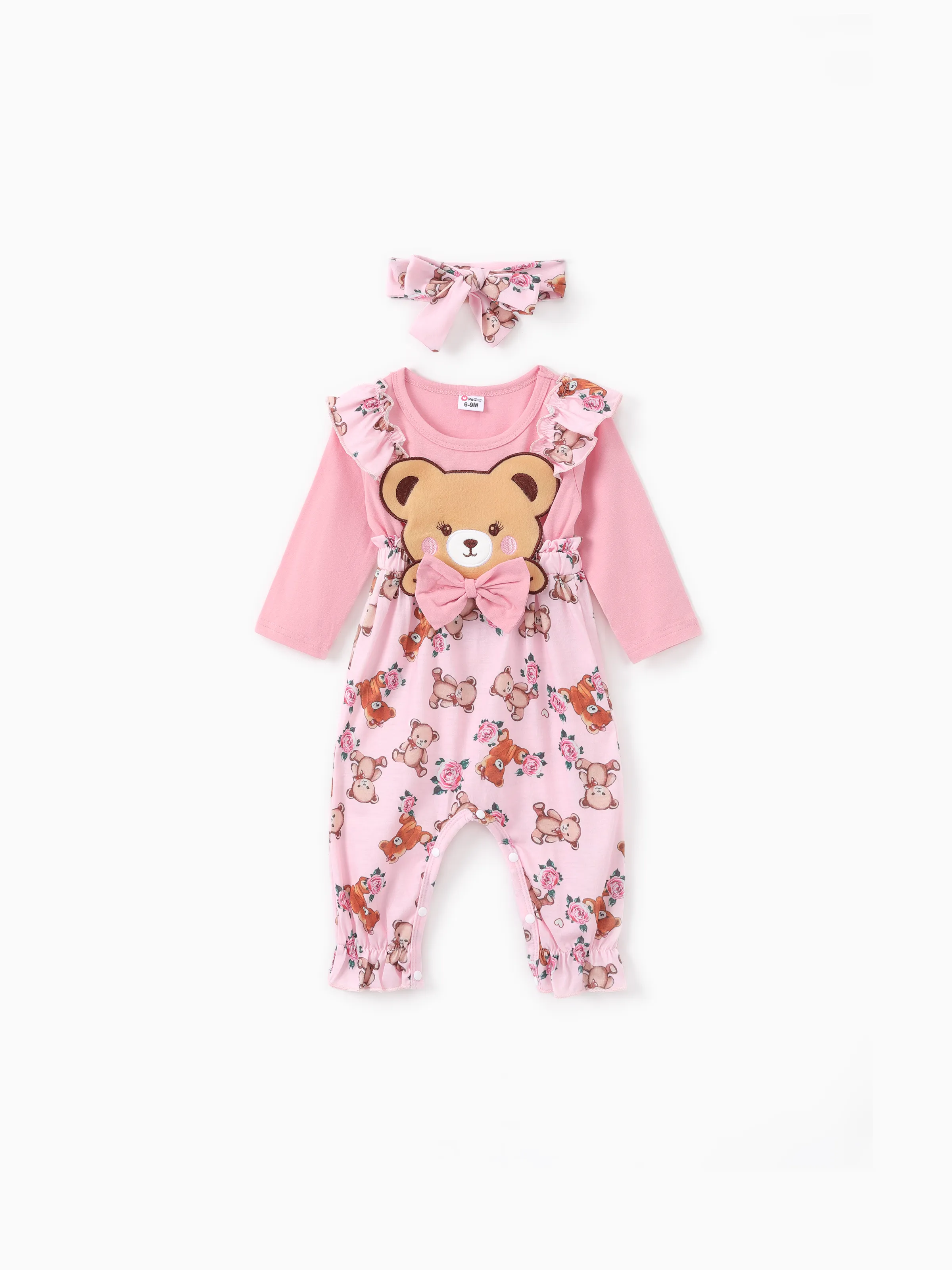 Baby Girl Bear Style Embroidered Floral Jumpsuit