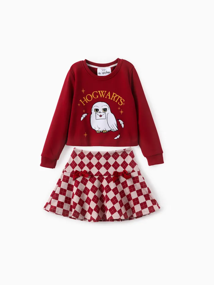 Harry Potter Kid Girl 2pcs Owl Print Felpa a maniche lunghe e papillon Plaid Skirt Set 