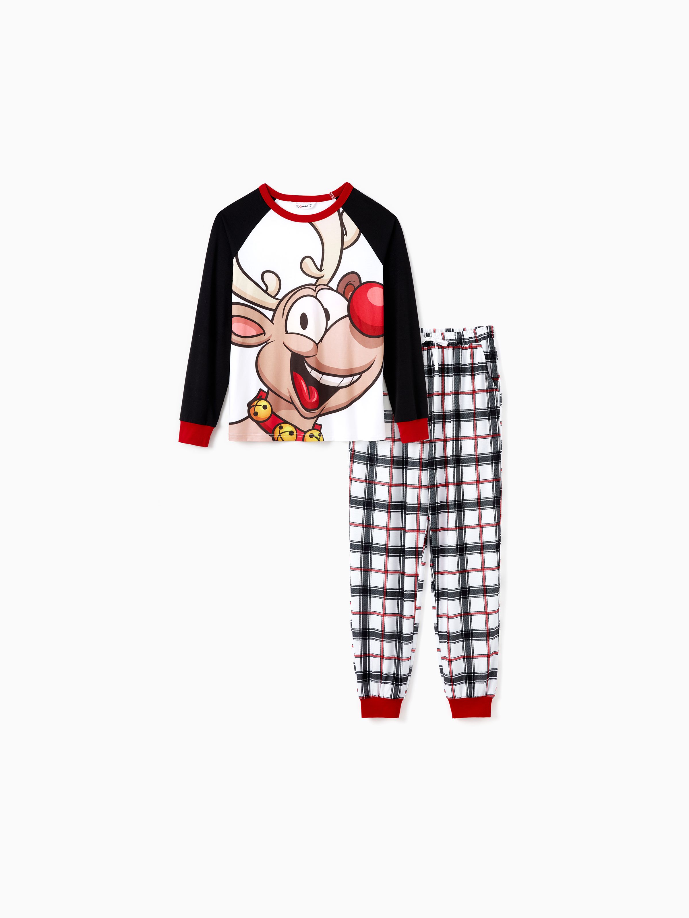 

Christmas Pajamas Outfits Matching for Family Raglan Sleeves Quirky Reindeer Graphic Plaid Pants Pajamas Sets