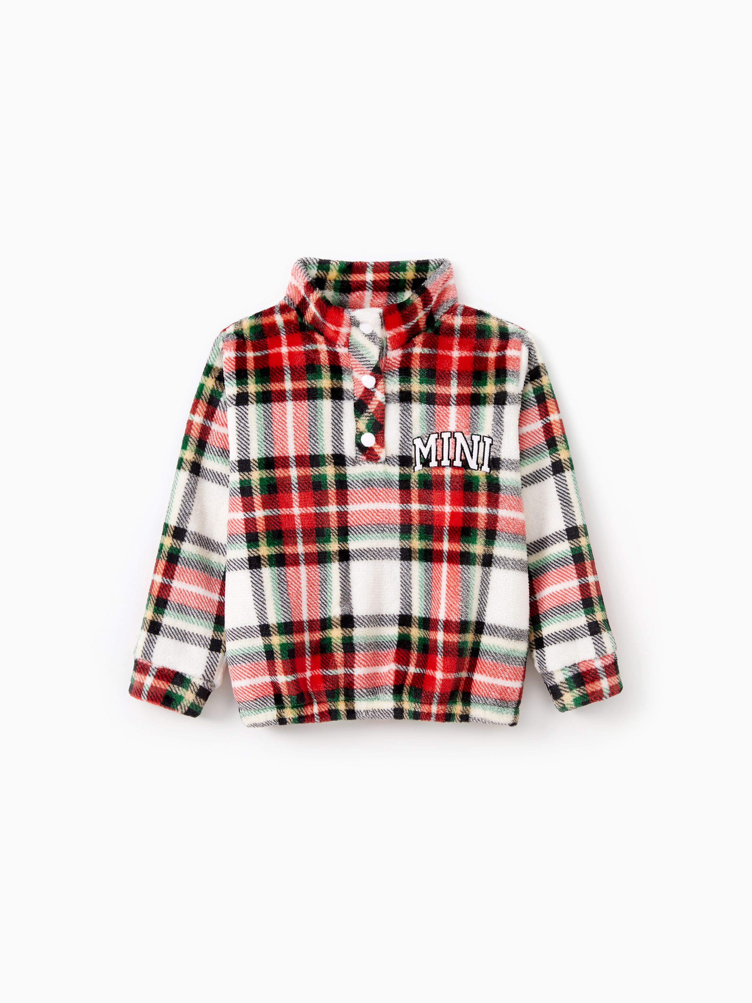 

Family Matching Fleece Red Plaid Button Mid-Neck Pullover