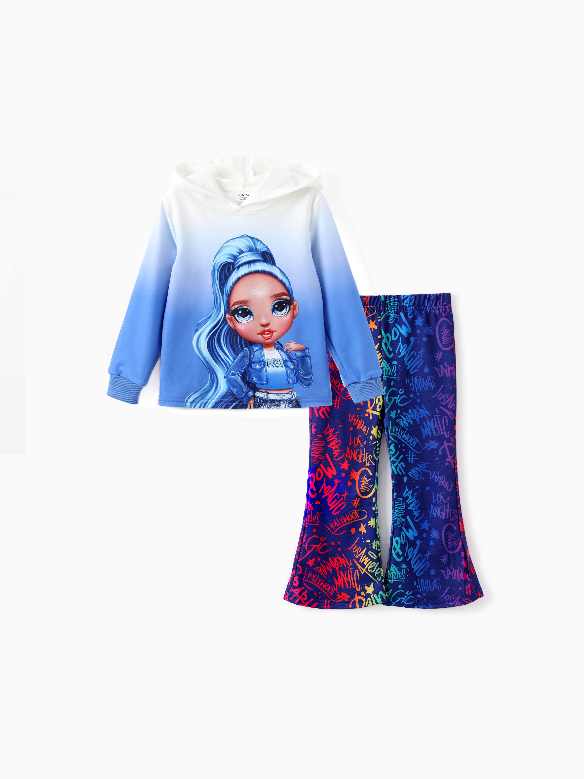 

Rainbow High Toddler /Kid Girl 2pcs Ruby/Jade/Skyler/Violet Character Hooded Long-sleeve Top And Allover Print Flare Pants Set