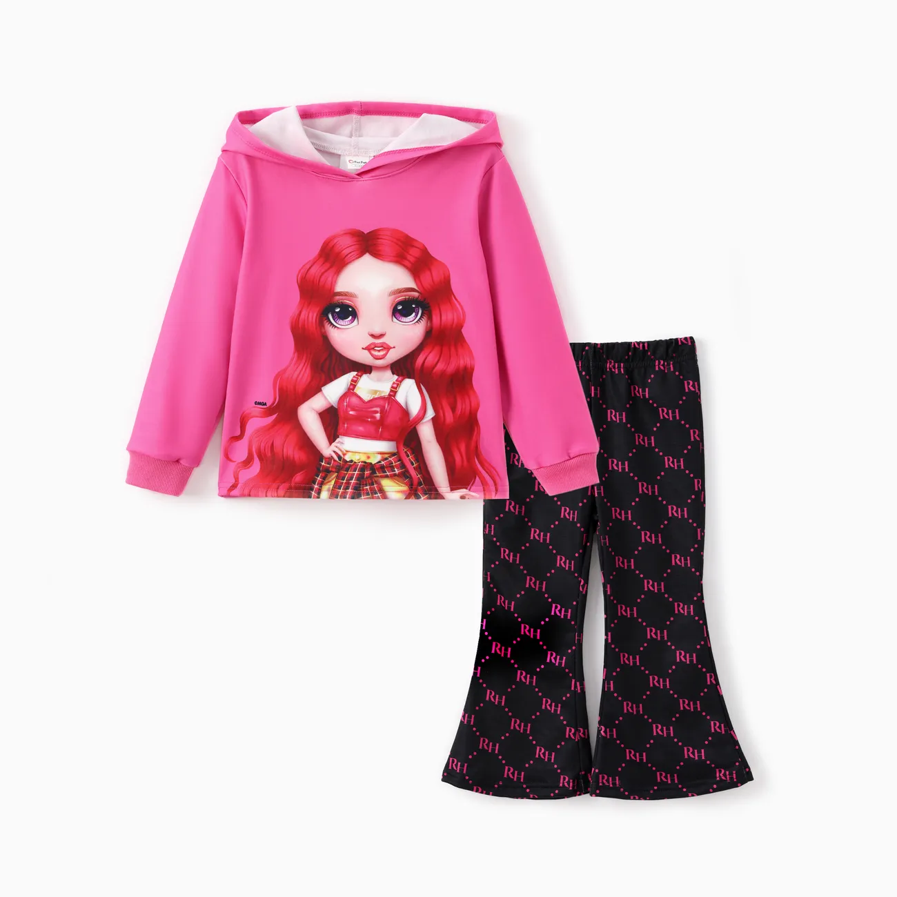 Rainbow High Toddler /Kid Girl 2pcs Ruby/Jade/Skyler/Violet Character Hooded Long-sleeve Top And Allover Print Flare Pants Set