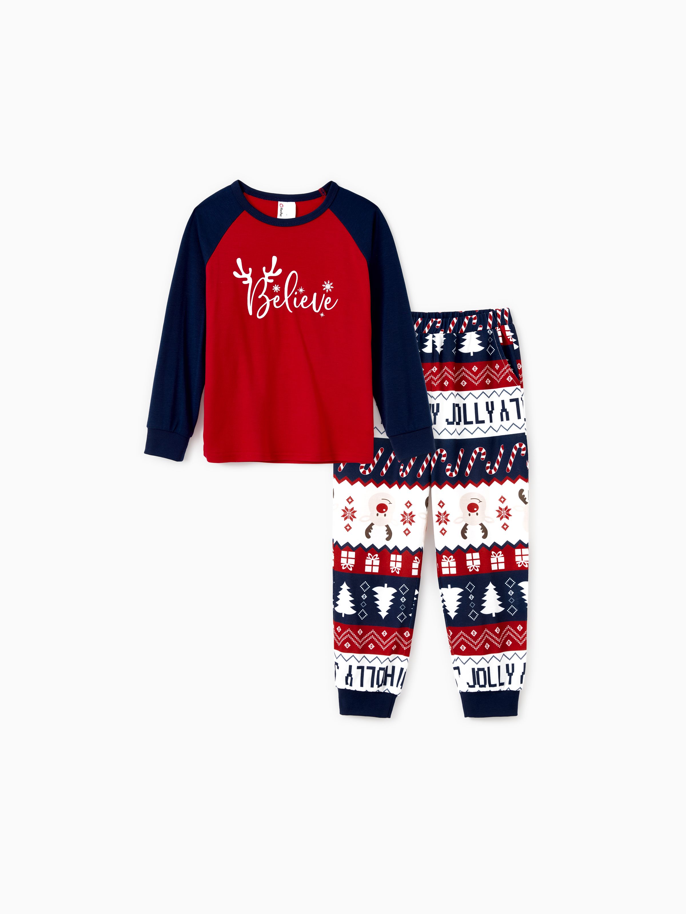 

Christmas Family Pajamas Sets Glow in the Dark Believe Magic Raglan Sleeves Top Allover Pattern Pants with Drawstring and String