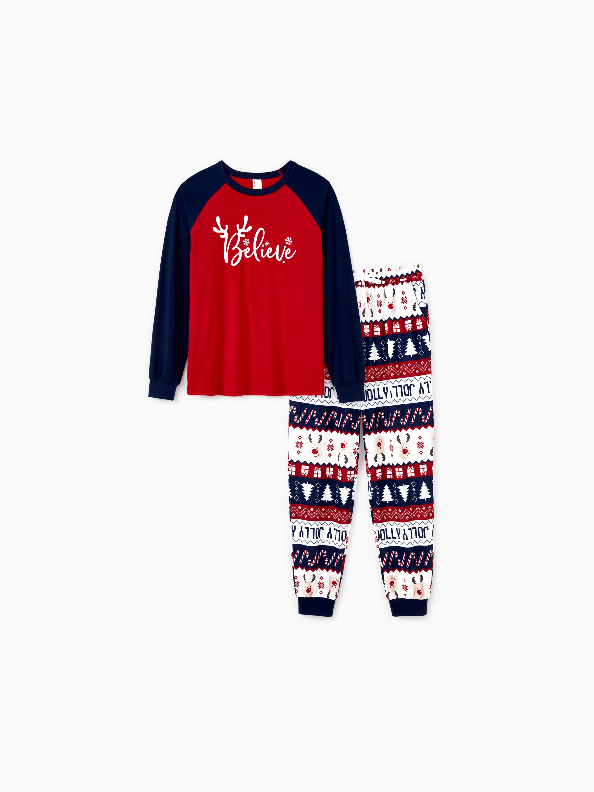 

Christmas Family Pajamas Sets Glow in the Dark Believe Magic Raglan Sleeves Top Allover Pattern Pants with Drawstring and String