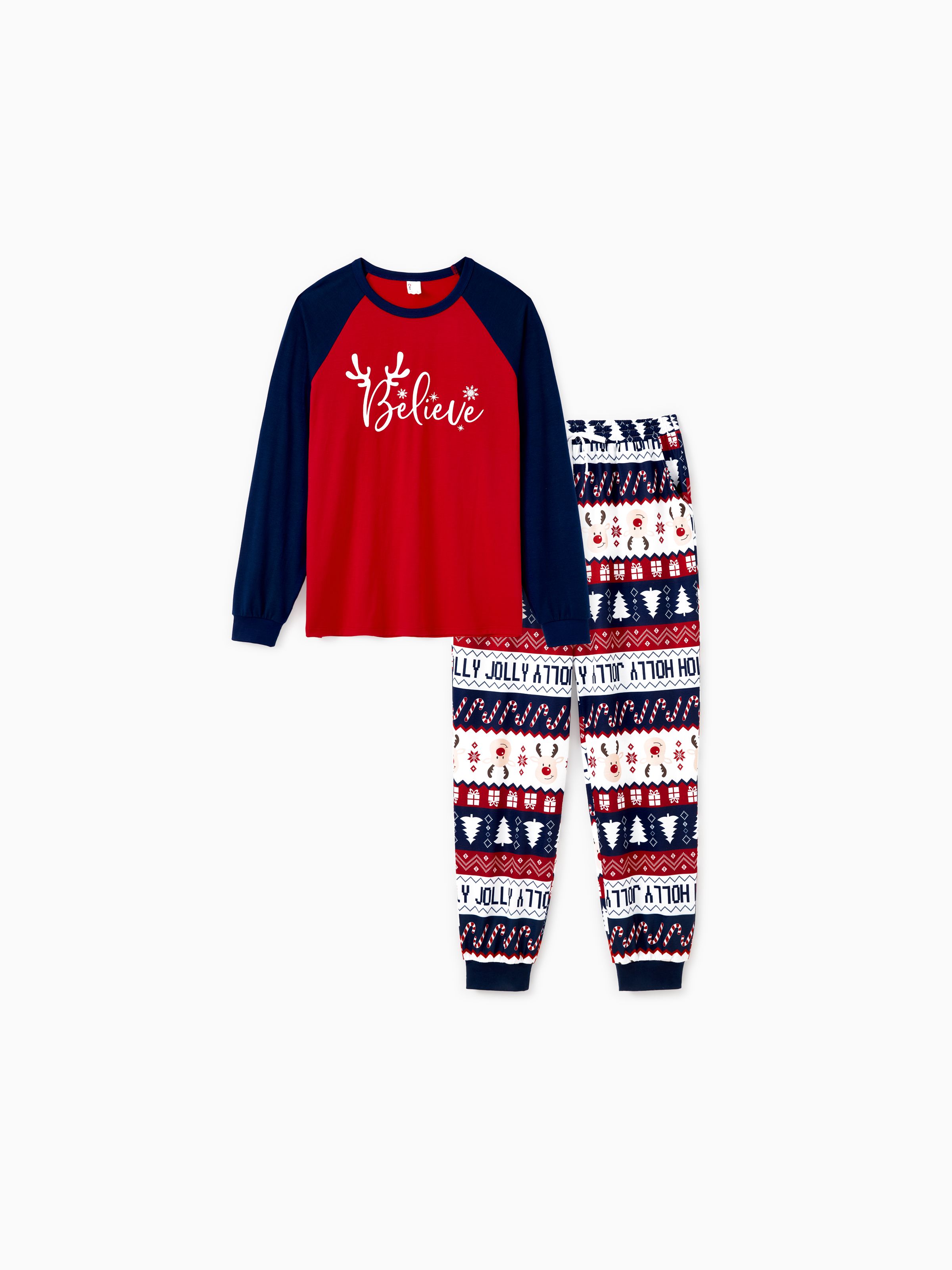 

Christmas Family Pajamas Sets Glow in the Dark Believe Magic Raglan Sleeves Top Allover Pattern Pants with Drawstring and String