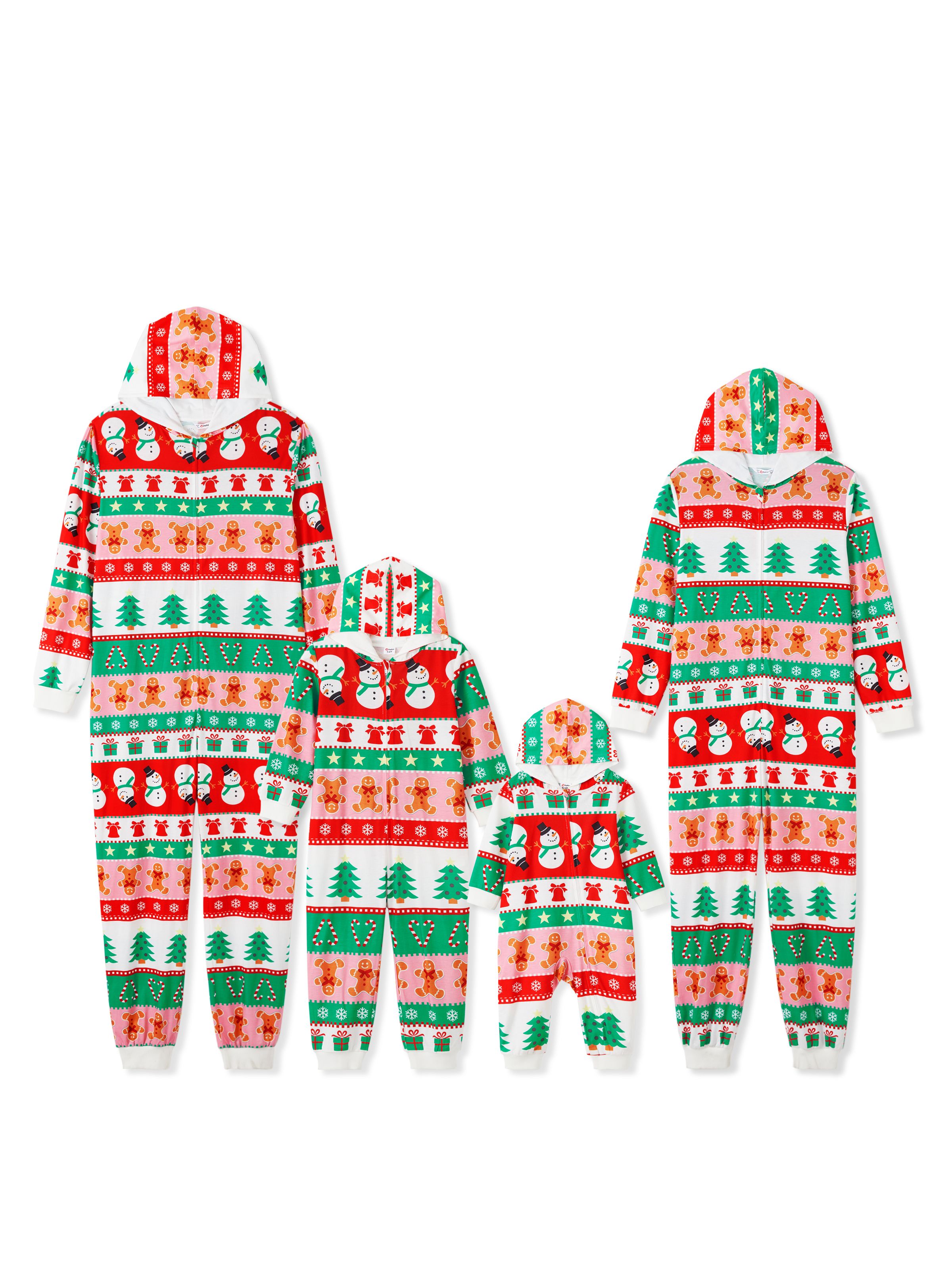 

Onesies Pajamas Matching Christmas Outfits Allover Pattern Zipper Front Holly Jolly Print Back