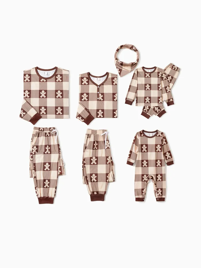 Christmas Pajamas Family Matching Gingerbread Man Graphic Plaid Pattern Henley Neck Button PJs