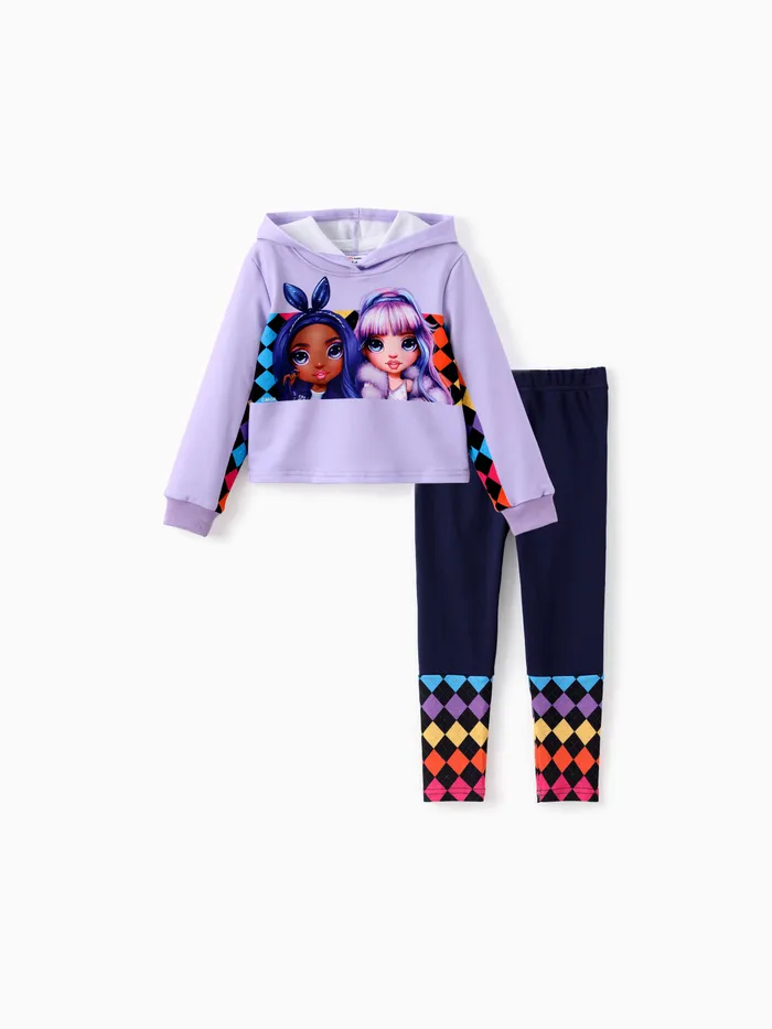 Arc-en-ciel haut Toddler / Kid Girl 2pcs Jade / Violet Caractère Contraste Sweats À Capuche À Manches Longues Et Leggings En Coton Ensemble