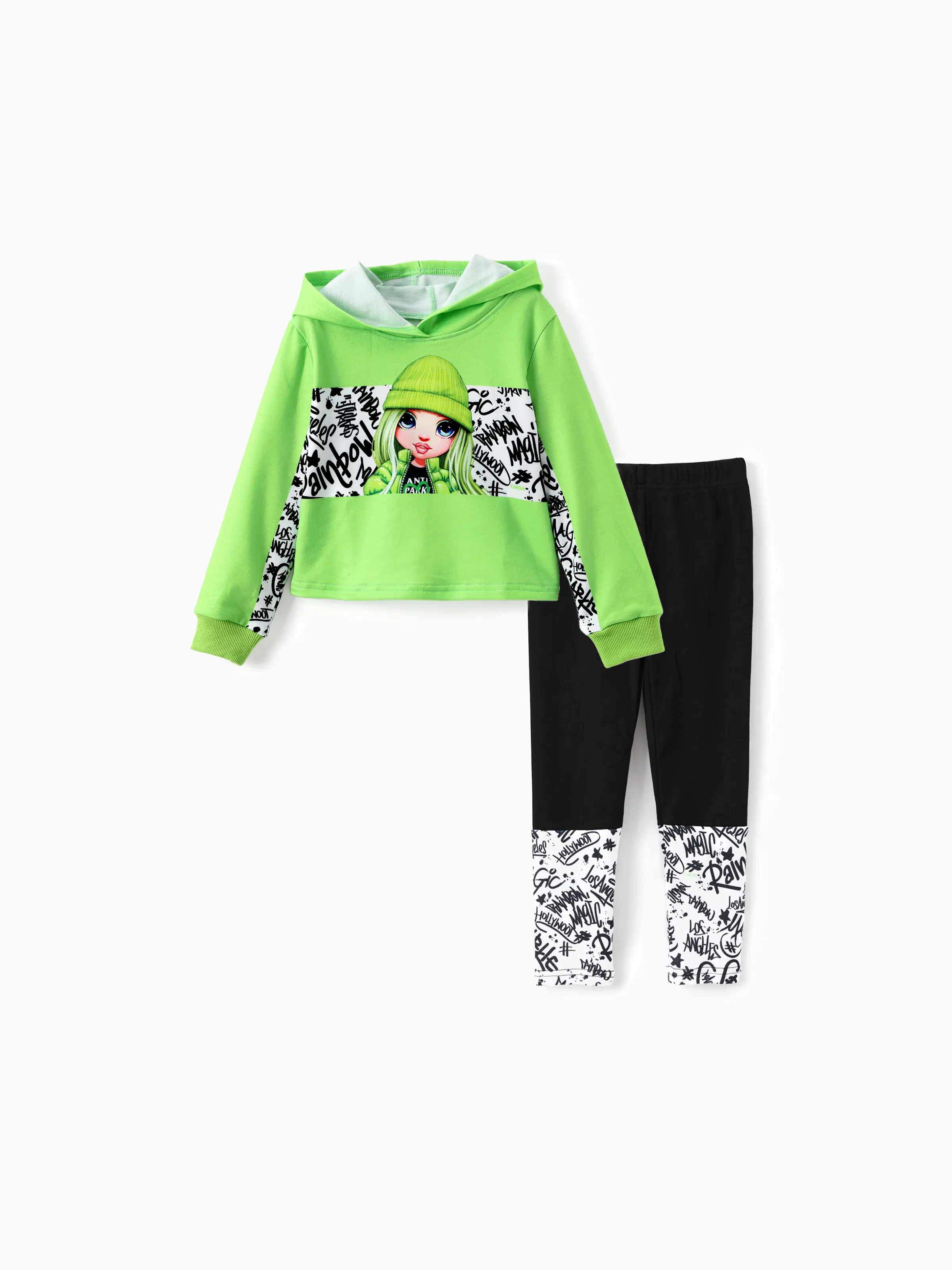 

Rainbow High Toddler/Kid Girl 2pcs Jade/Violet Character Contrast Long-sleeve Hoodies And Cotton Leggings Set