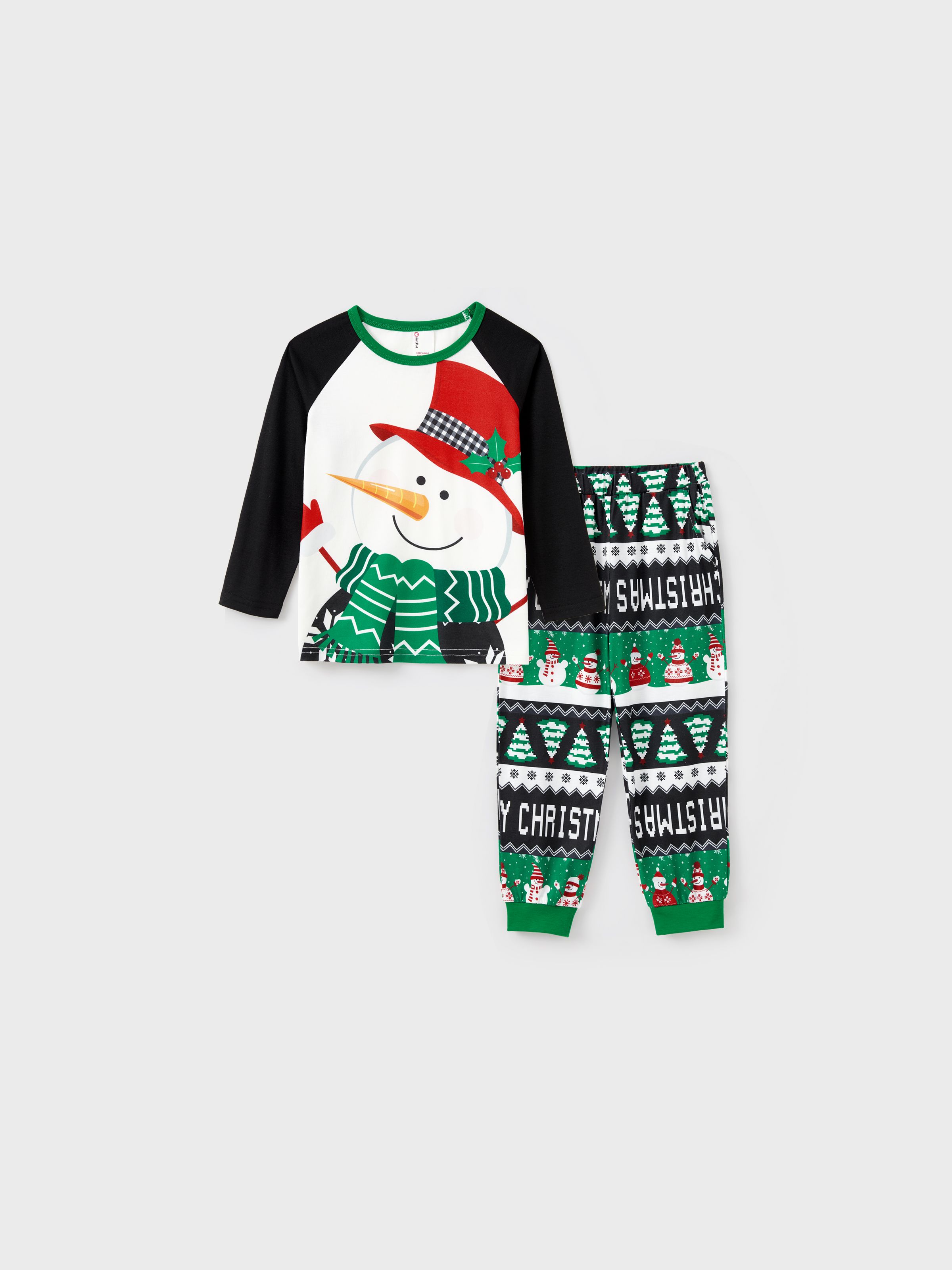 

Christmas Family Matching Raglan Sleeves Snow Man Top Hat Top Allover Pattern Pants Pajamas Sets with Drawstring and Pockets