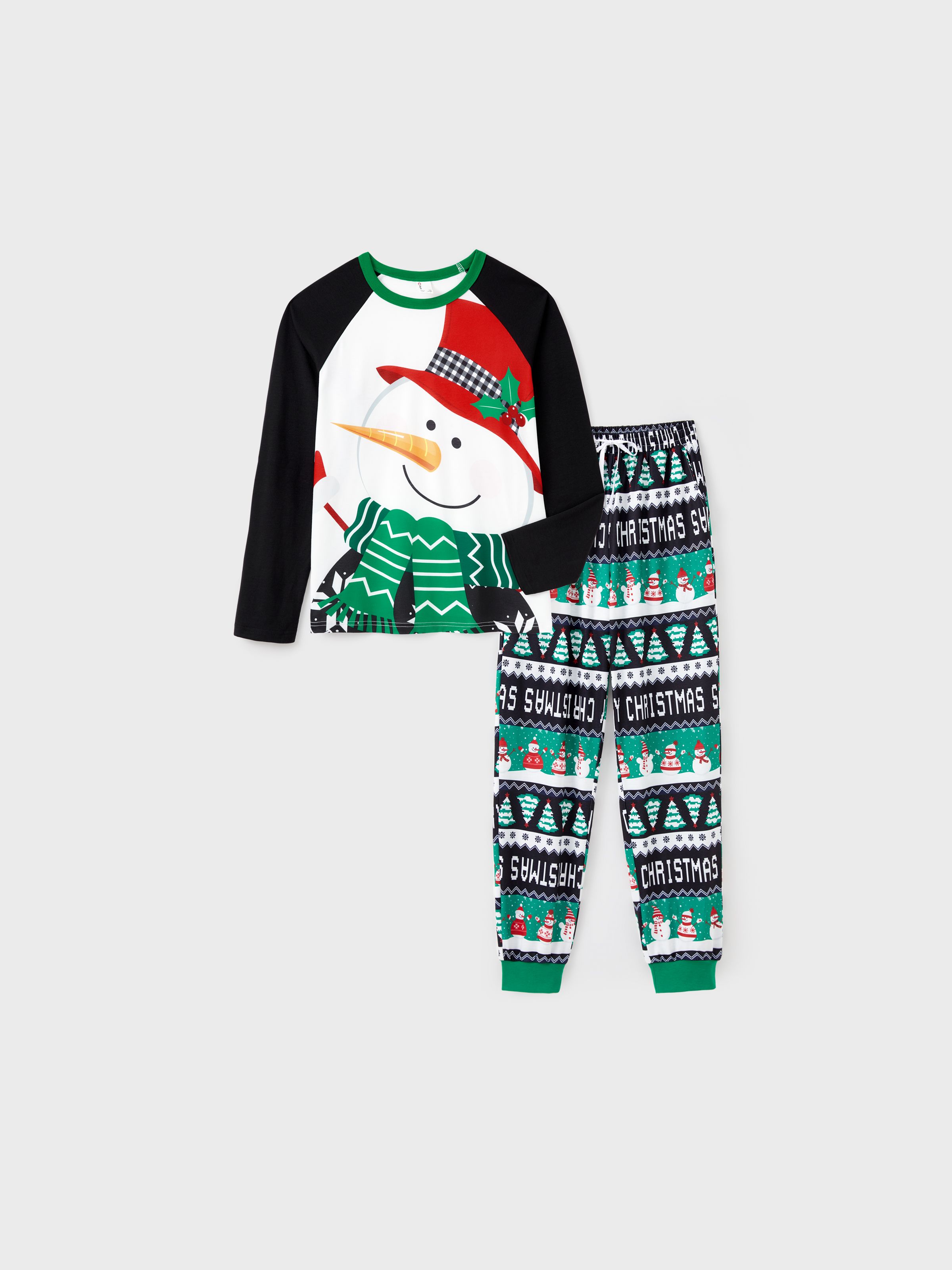 

Christmas Family Matching Raglan Sleeves Snow Man Top Hat Top Allover Pattern Pants Pajamas Sets with Drawstring and Pockets