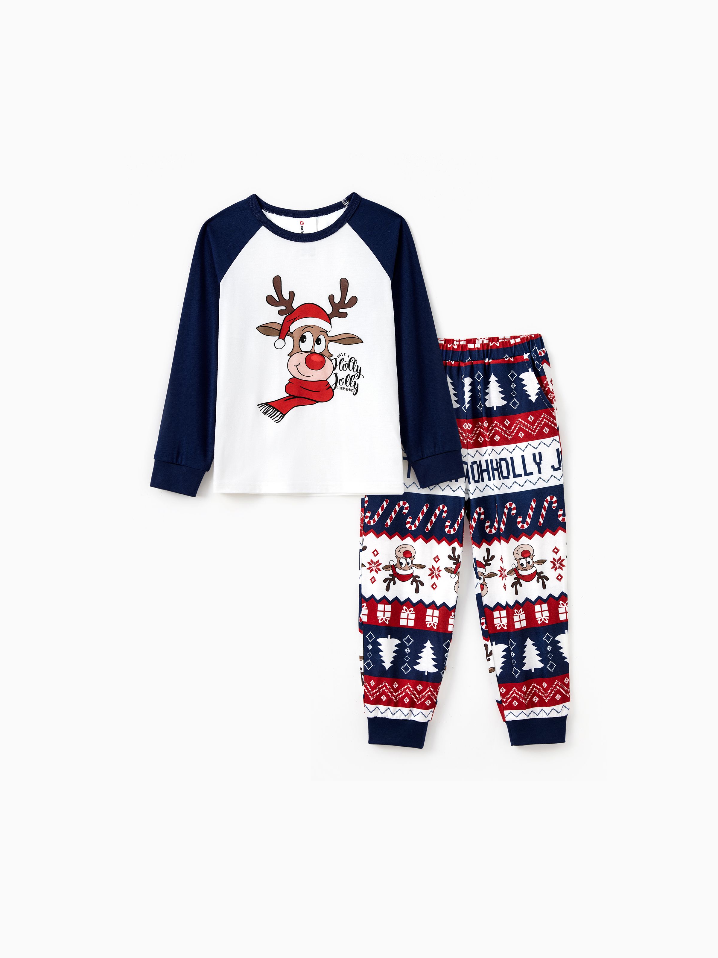 

Christmas Family Matching Raglan Sleeves Red Nose Reindeer Pajamas Sets with Drawstring and Pockets (Flame Resistant)