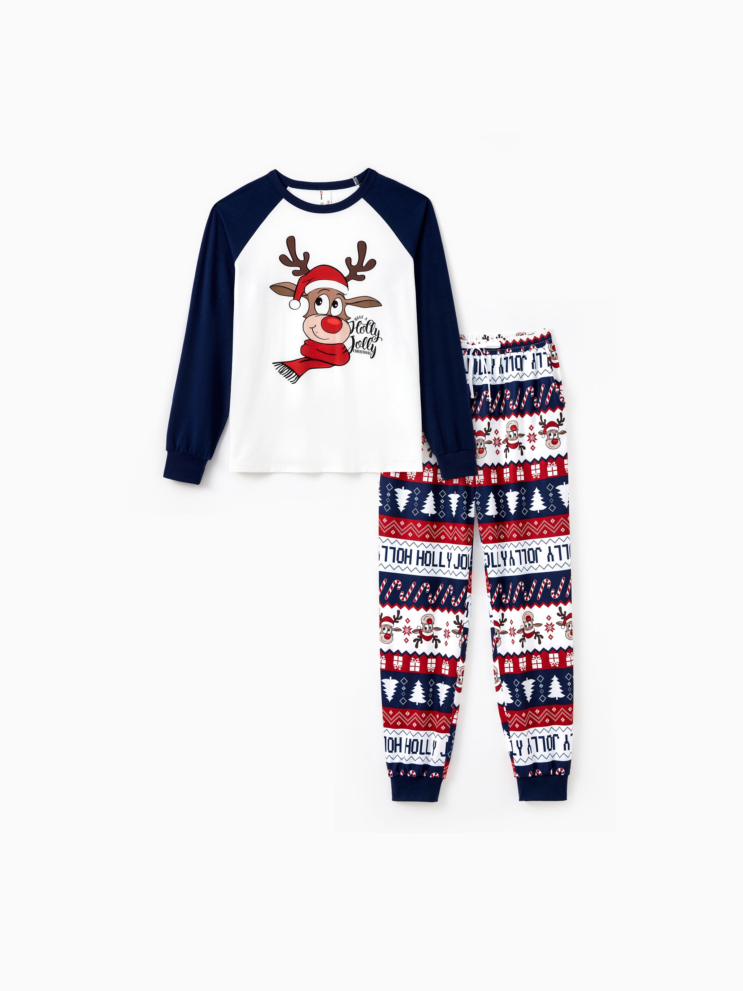 

Christmas Family Matching Raglan Sleeves Red Nose Reindeer Pajamas Sets with Drawstring and Pockets (Flame Resistant)