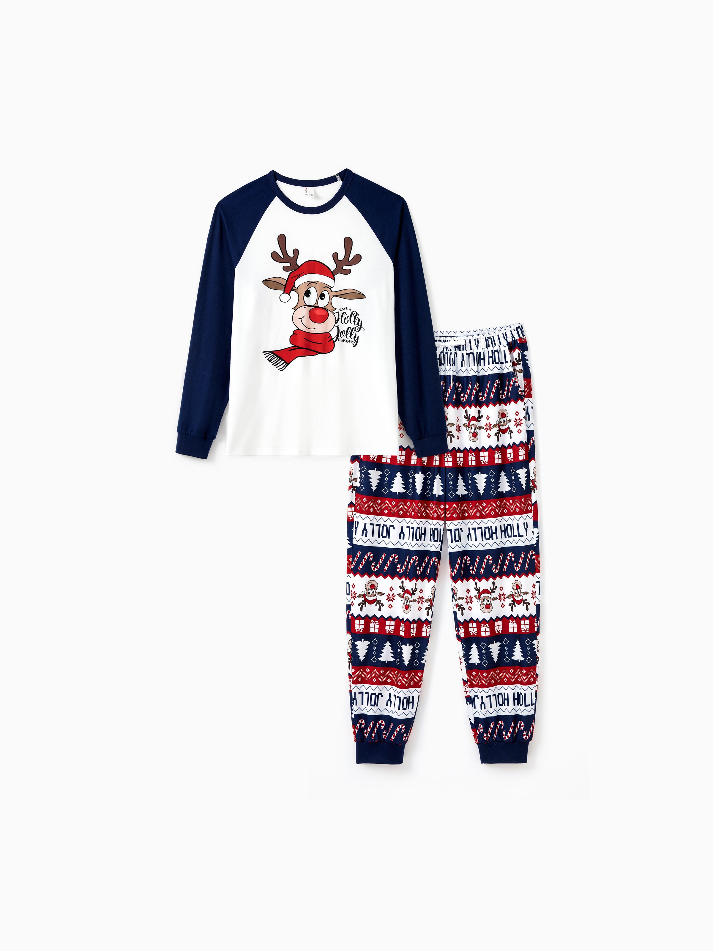 

Christmas Family Matching Raglan Sleeves Red Nose Reindeer Pajamas Sets with Drawstring and Pockets (Flame Resistant)