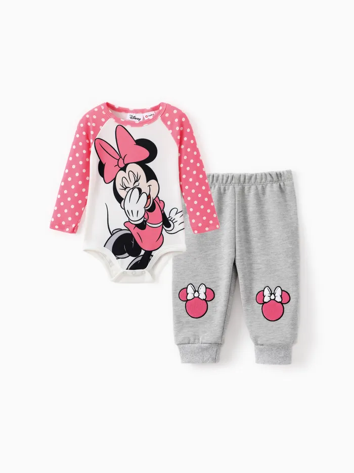 Disney Mickey And Friends Bébé Fille 2pcs Naia™ Polka Dots Colorblock Combinaison À Manches Longues Et Personnage Brodé Pantalon Ensemble 