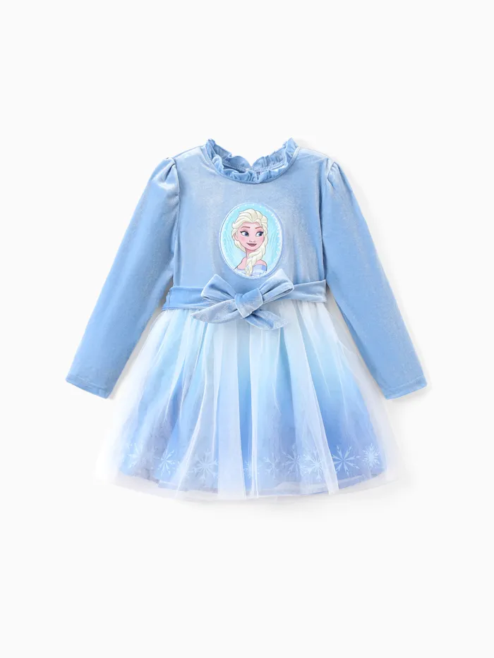 Disney Frozen Toddler Girls 2pcs Elsa Embroidered Snowflake Print Velet Tulle Long-sleeve Dress 