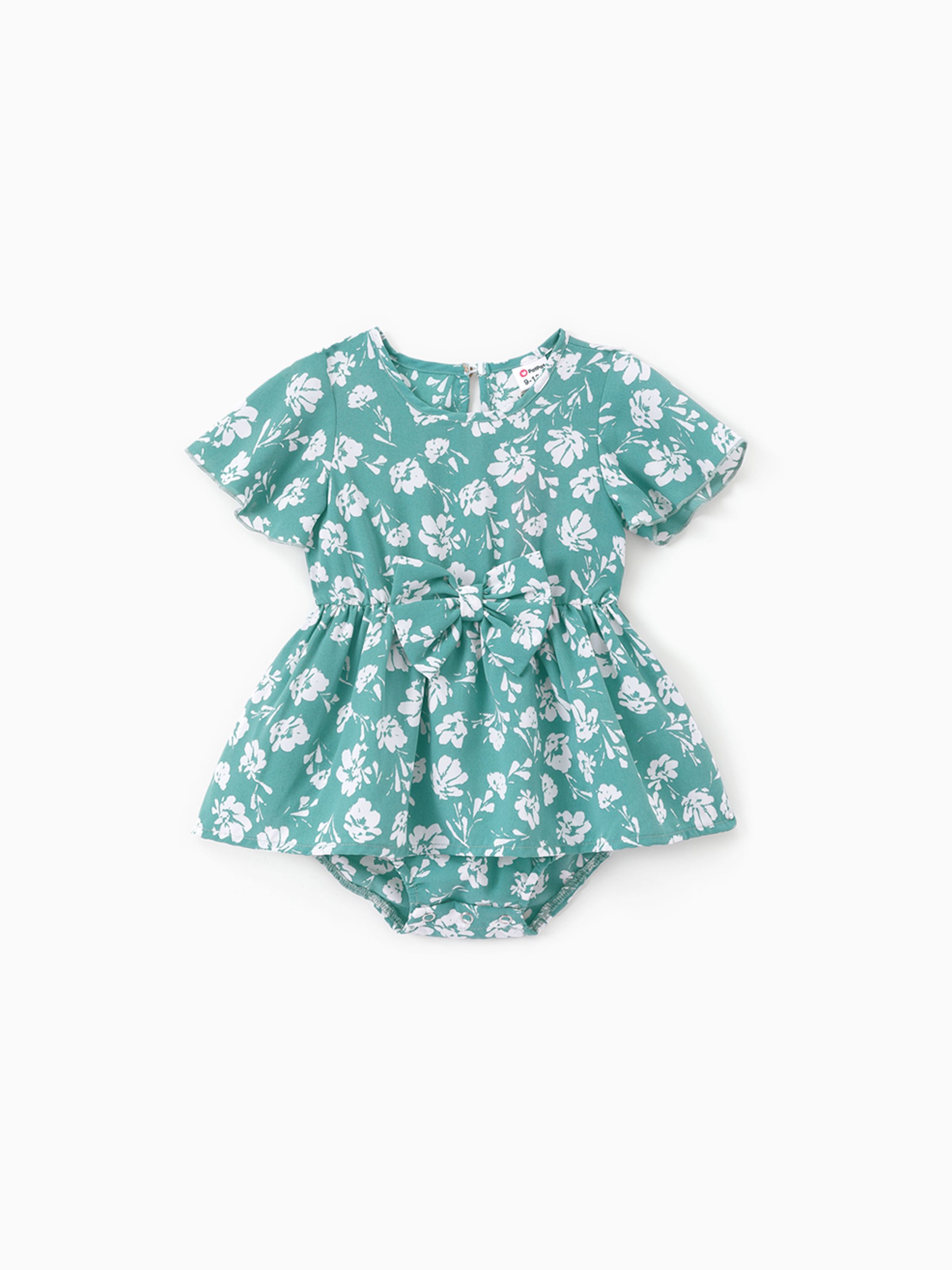 

Mommy and Me Ruffle Sleeves Belted Blue Ditsy Floral Pattern Tiered Dress with Hidden Snap