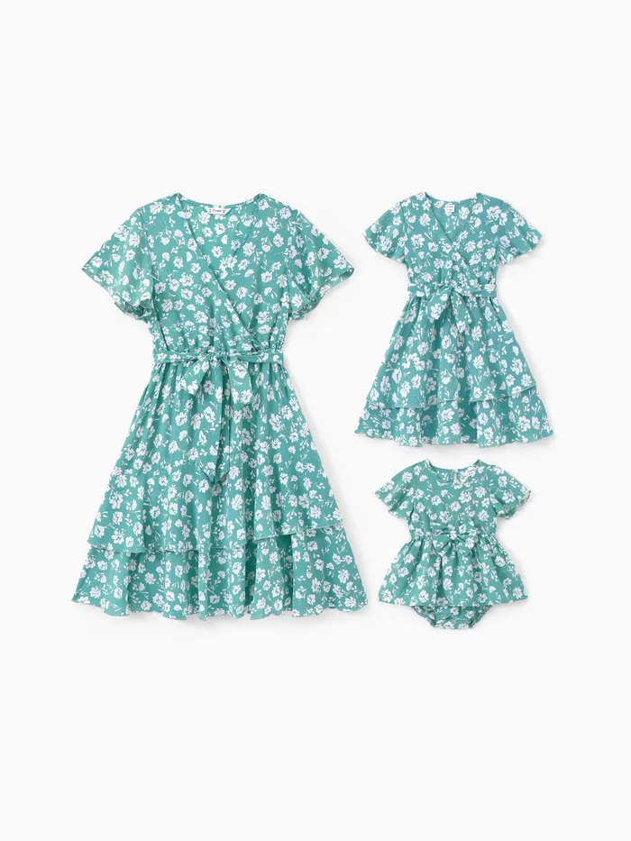 Mommy and Me Ruffle Sleeves Belted Blue Ditsy Floral Pattern Tiered Dress with Hidden Snap