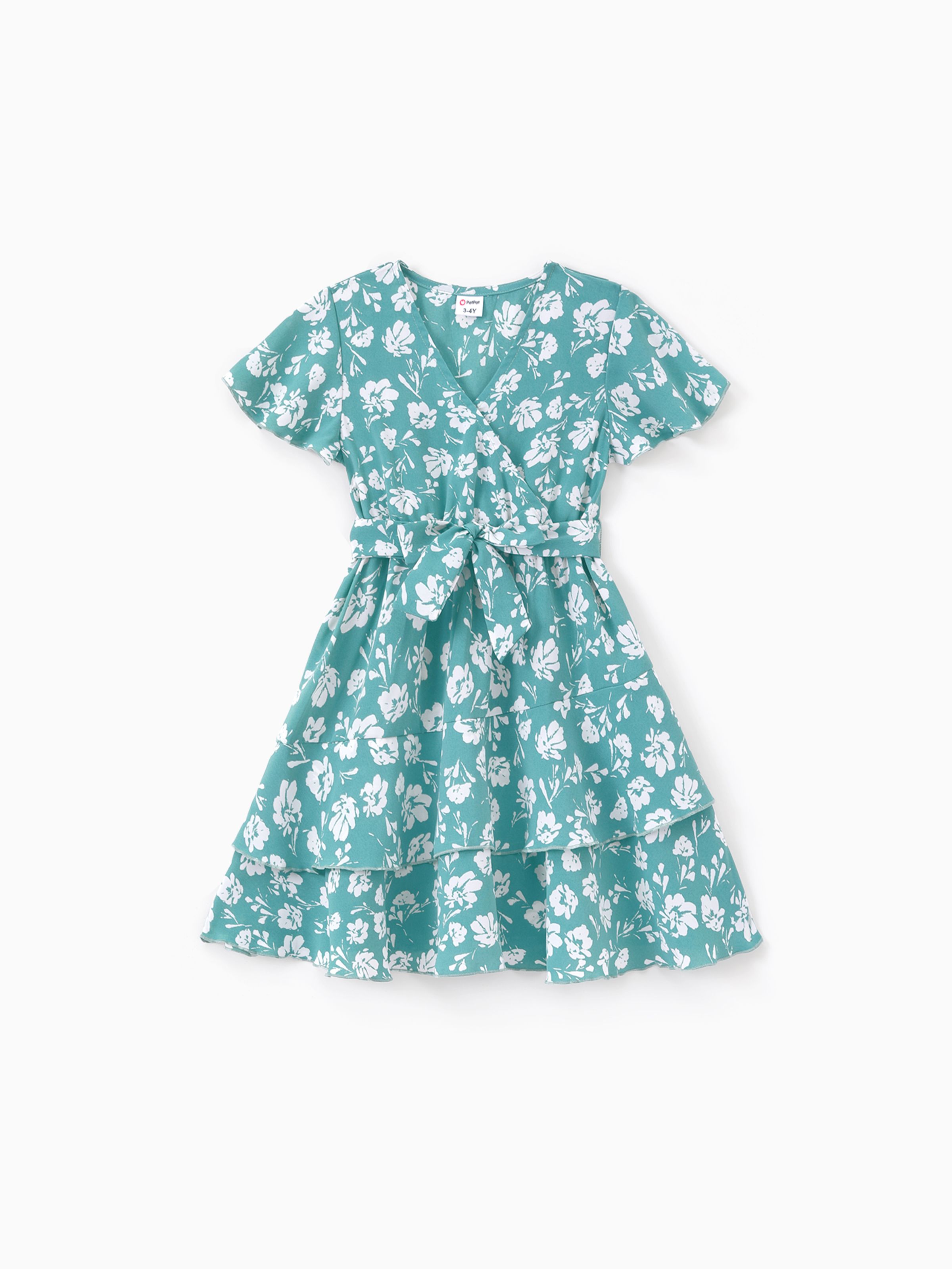 

Mommy and Me Ruffle Sleeves Belted Blue Ditsy Floral Pattern Tiered Dress with Hidden Snap