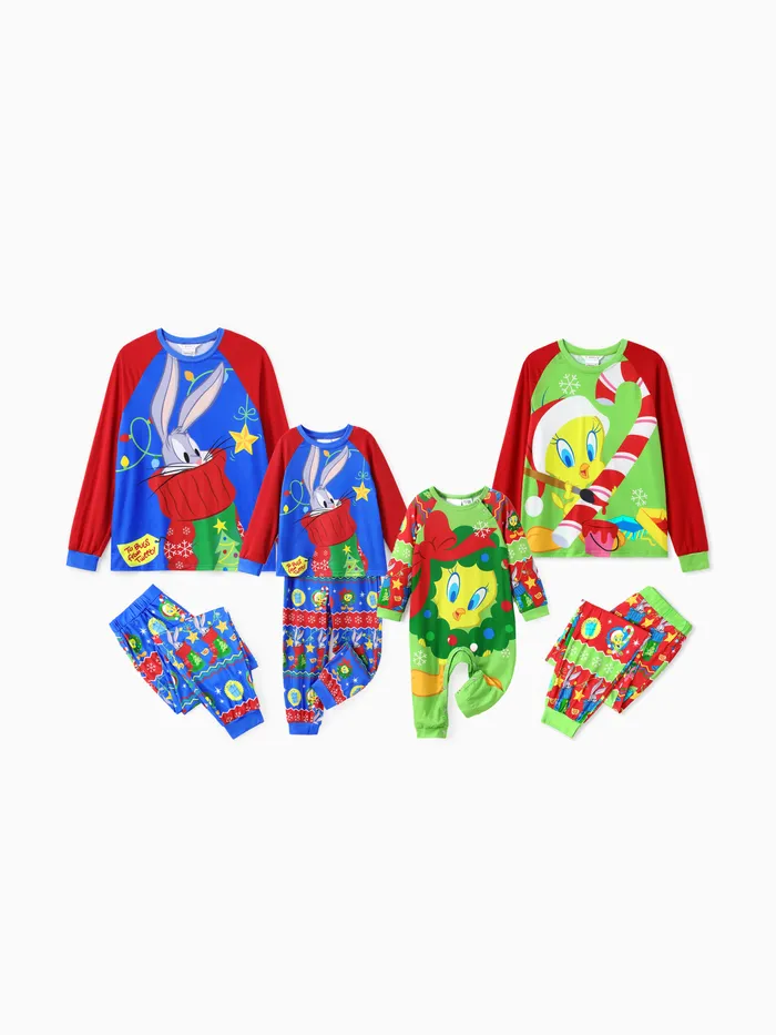 Looney Tunes Family Matching Christmas Character Print Kontrastierendes langärmeliges Pyjama-Set (Flammbeständigkeit)