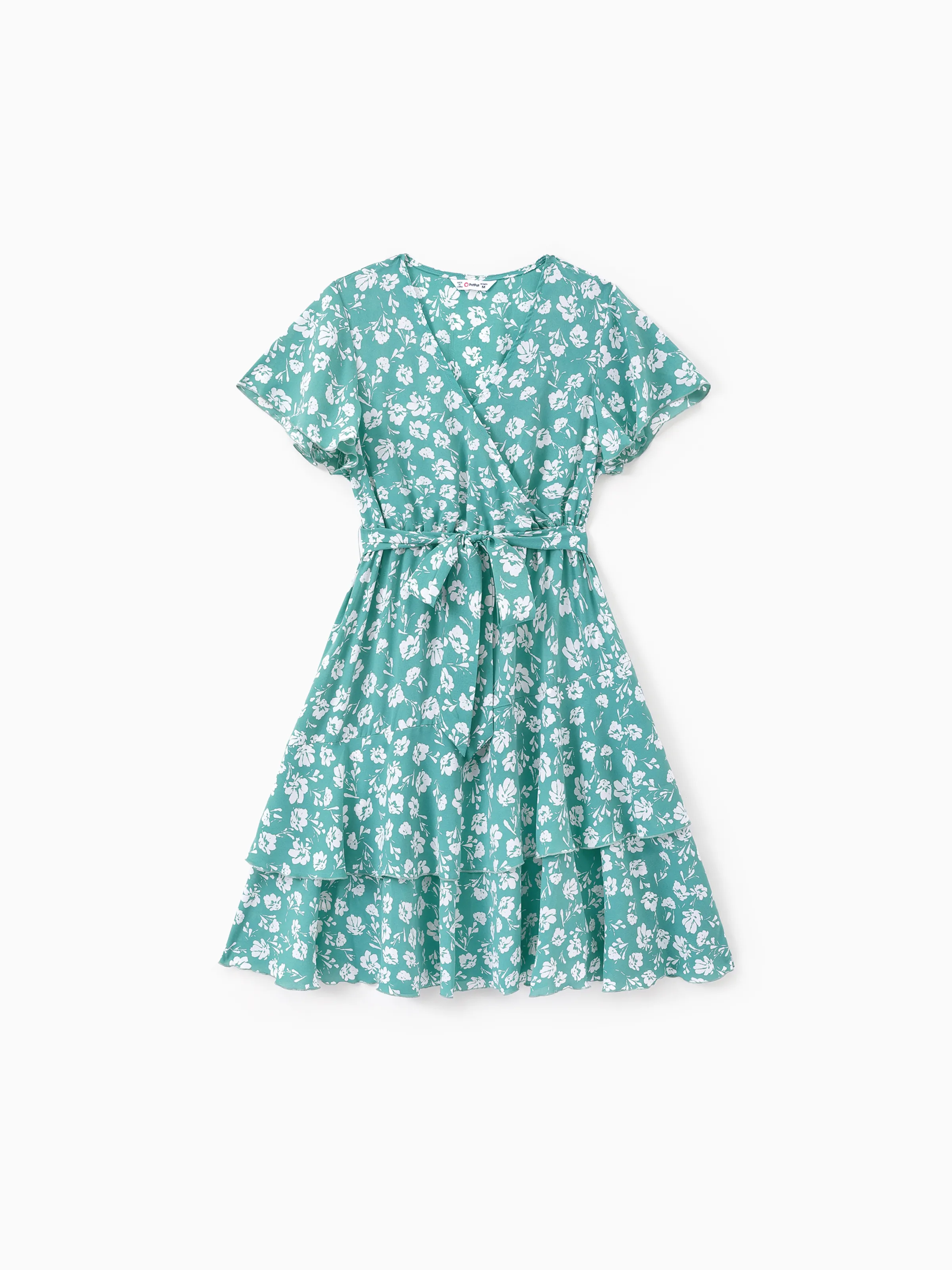 

Mommy and Me Ruffle Sleeves Belted Blue Ditsy Floral Pattern Tiered Dress with Hidden Snap