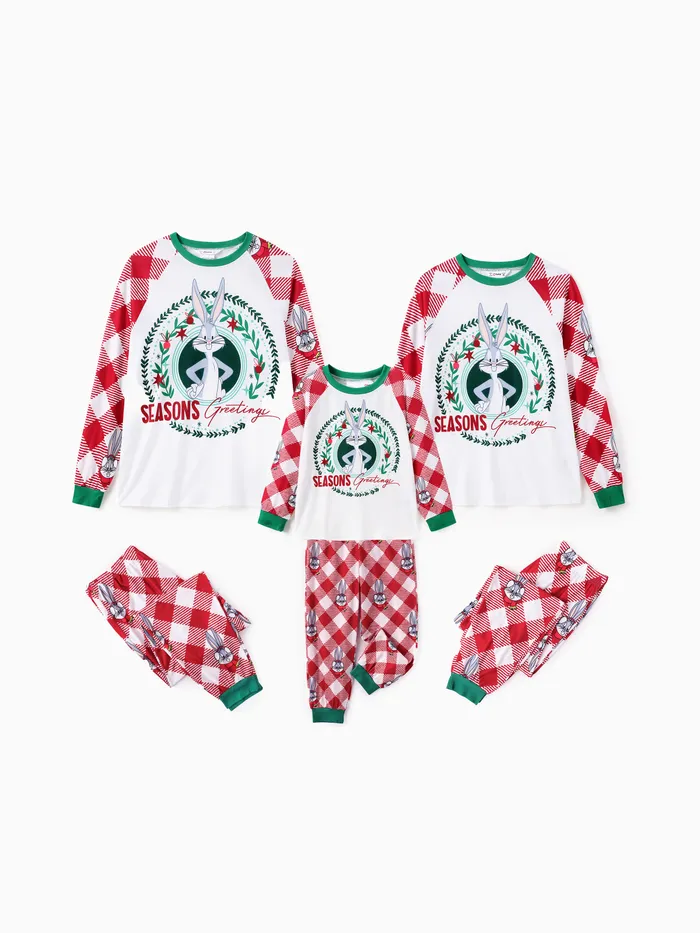 Looney Tunes Family Matching Christmas Character Print Kontrastierendes langärmeliges Pyjama-Oberteil und Allover-Hosenset (Flammschutz)