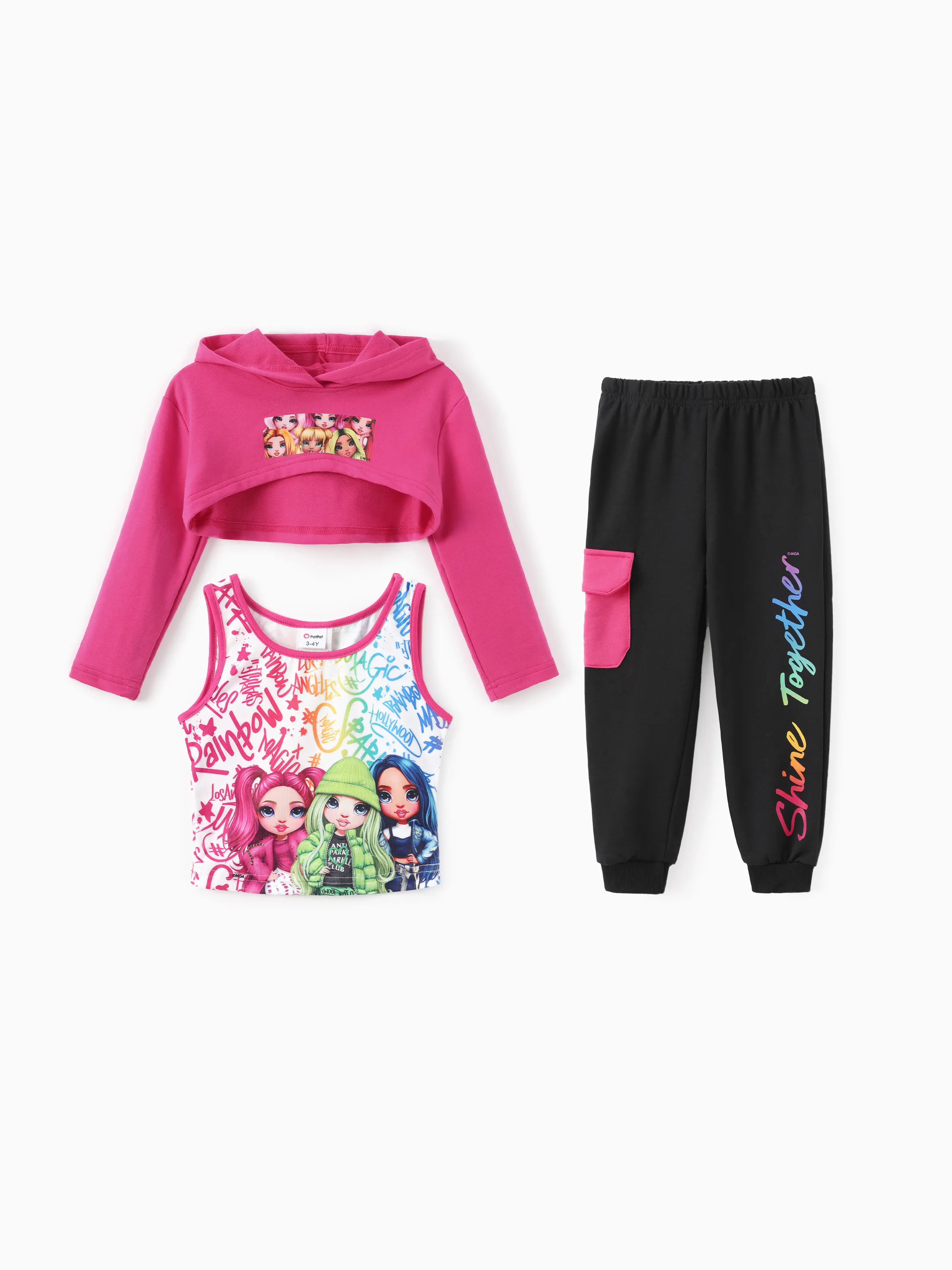 

Rainbow High Toddler/Kid Girl 3pcs Stella Jade Skyler Character Letter Print Hoodies Tank Top And Pocket Cargo Pants Set