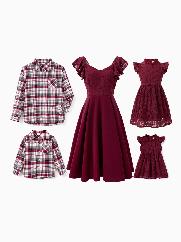 Family Matching Sets Plaid Shirt or Red Wine Lace Ruffle Sleeve A-Line Dress