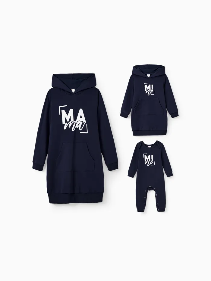 Mommy and Me Navy Blue Long Sleeves Letter Print Hooded Dresses with Kangaroo Pocket