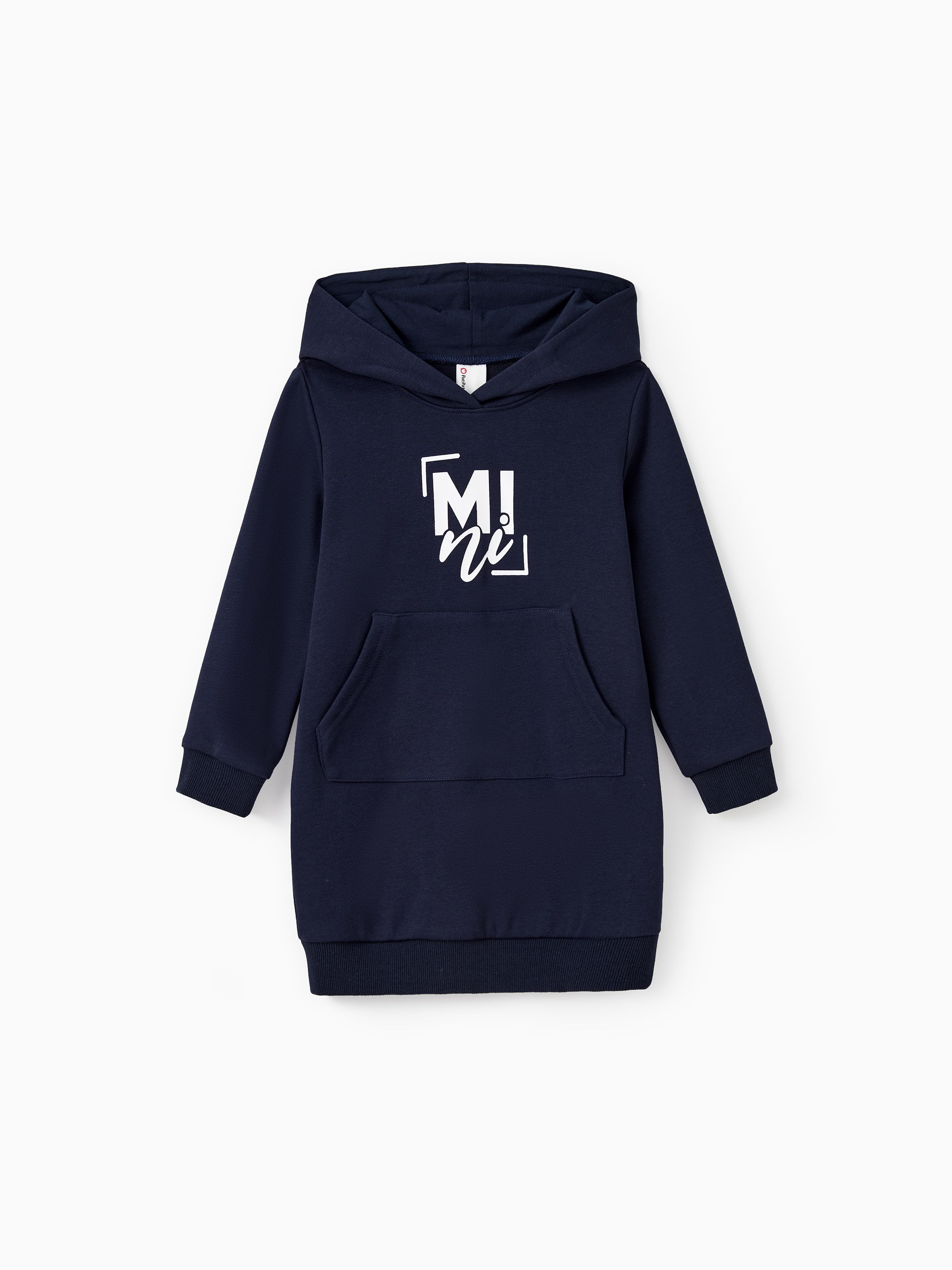 

Mommy and Me Navy Blue Long Sleeves Letter Print Hooded Dresses with Kangaroo Pocket