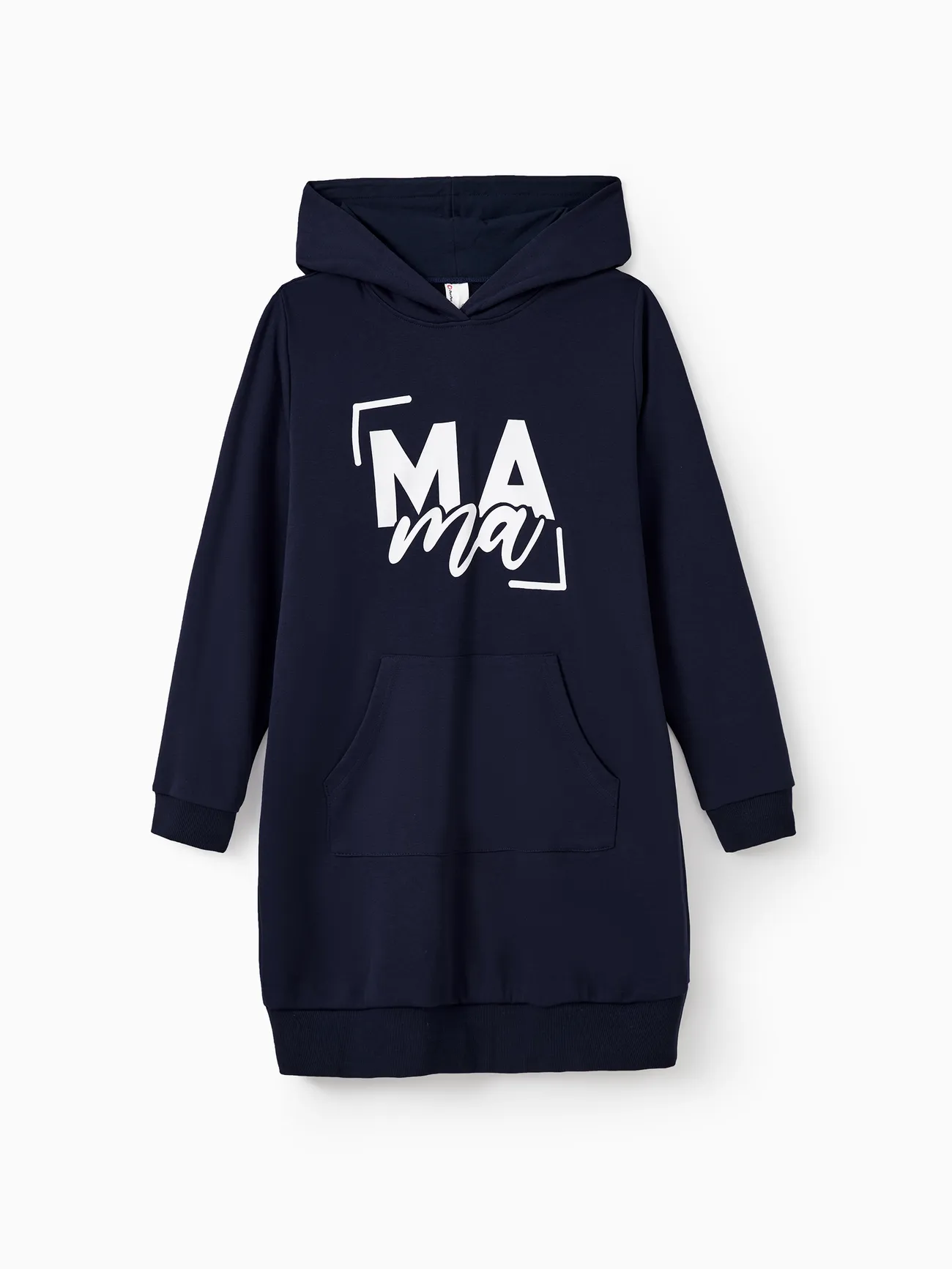 

Mommy and Me Navy Blue Long Sleeves Letter Print Hooded Dresses with Kangaroo Pocket