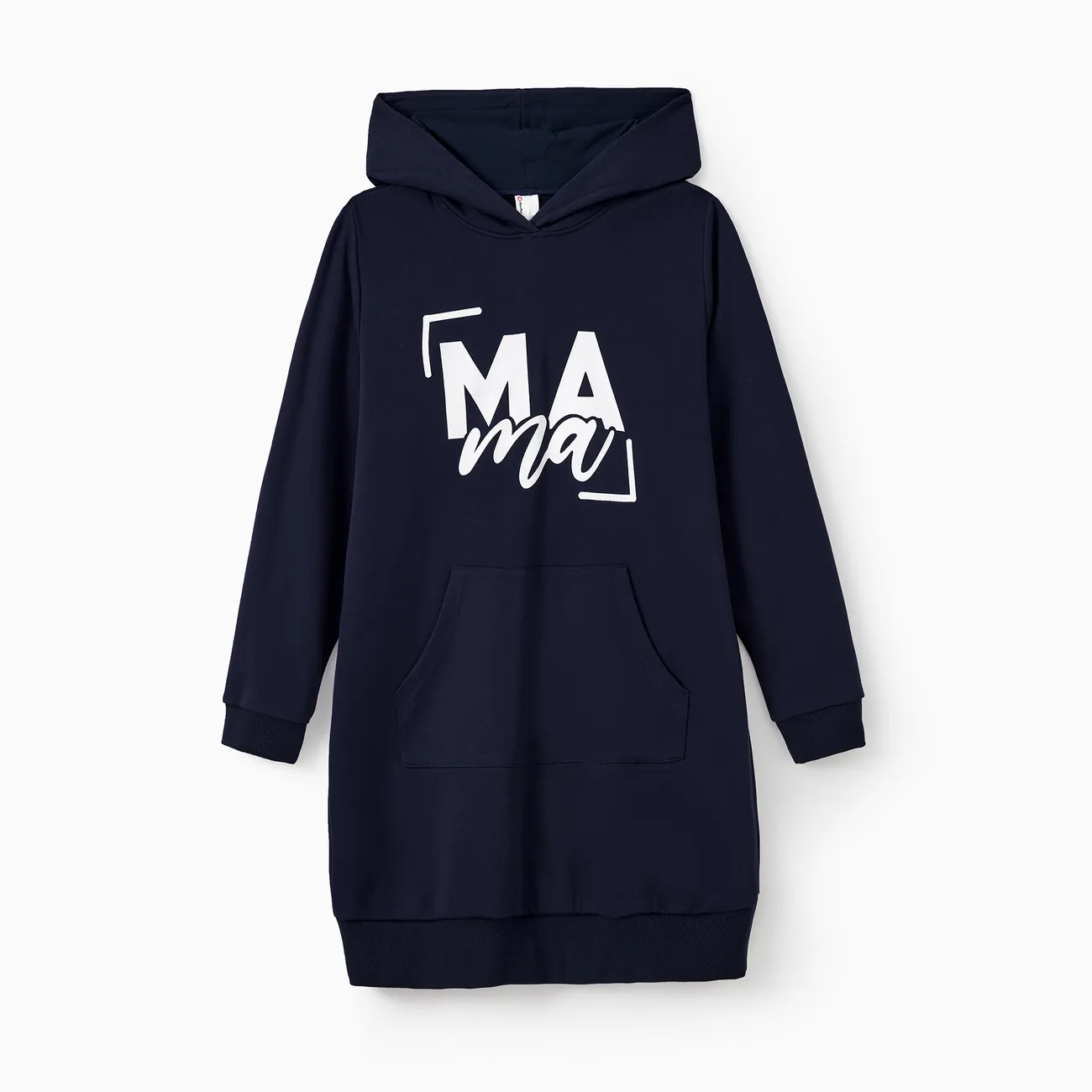 Mommy and Me Navy Blue Long Sleeves Letter Print Hooded Dresses with Kangaroo Pocket