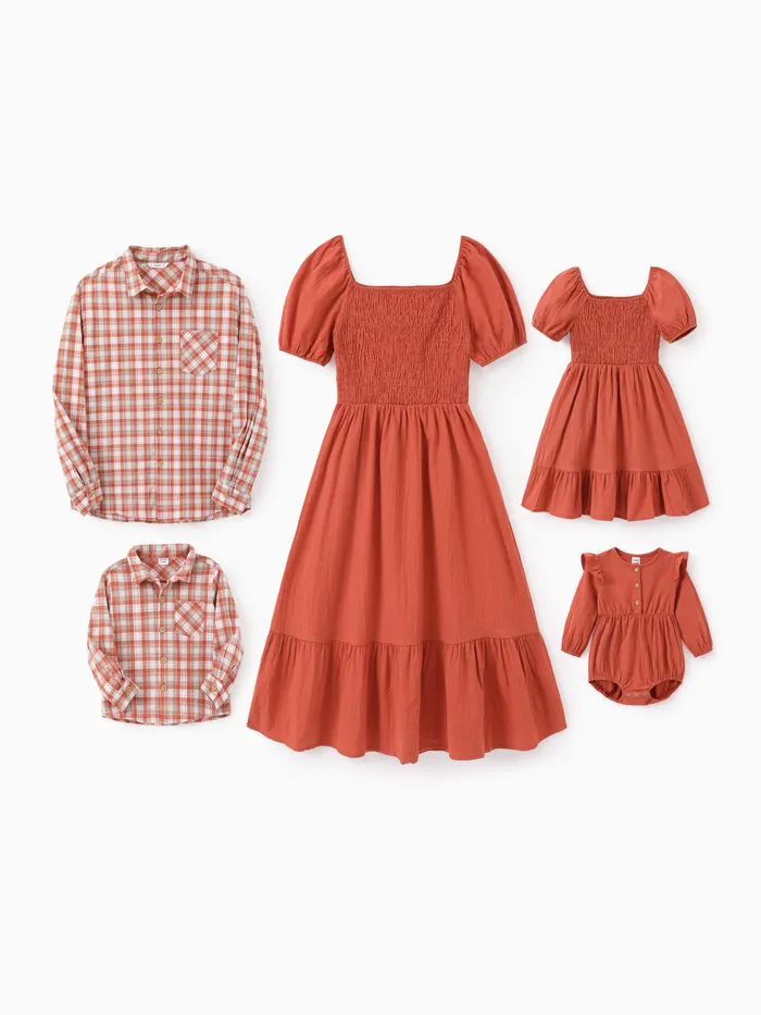 Family Matching Sets Orange Long Sleeves Plaid Shirt or Shirred Bodice Puff Sleeves Tiered Dress