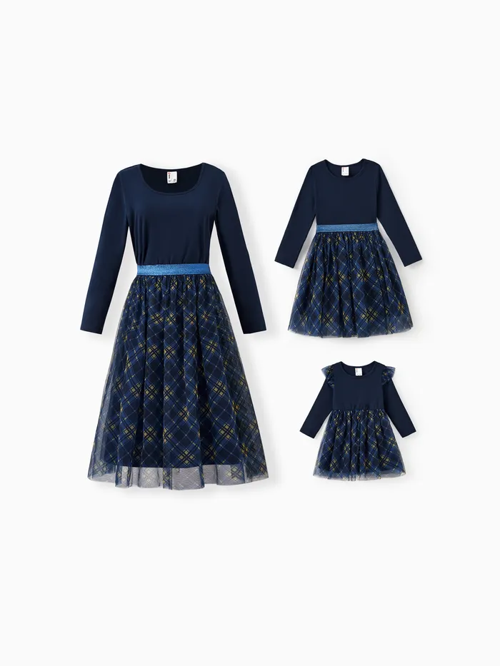 Mommy and Me Blue Co-ord Sets Long Sleeves Top and Plaid Mesh Tulle Skirt 