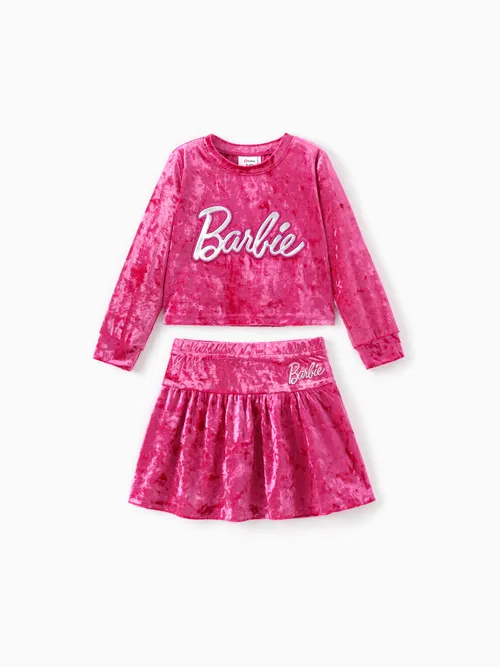 Barbie Kleid Kleinkind / Kind Mädchen 2 Stück Brief besticktes Samt Top und Rock Set