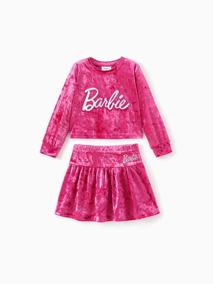 Barbie Niño / Niña 2 piezas de Top De Terciopelo Bordado Con Letras Y Conjunto De Falda 